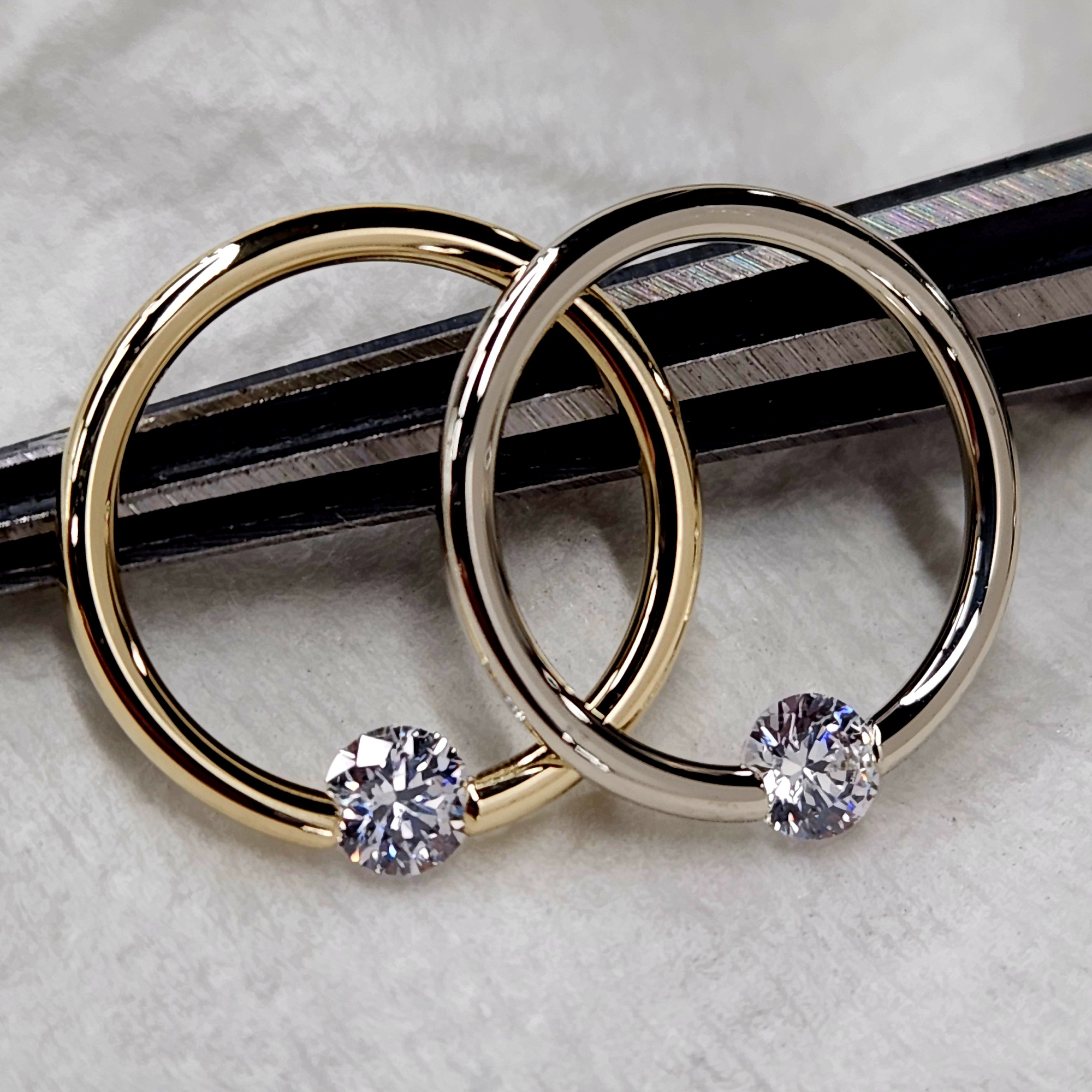 16G 3/8 Solid 14k Yellow Gold 3mm Clear Cubic Zirconia Tension Captive Ring