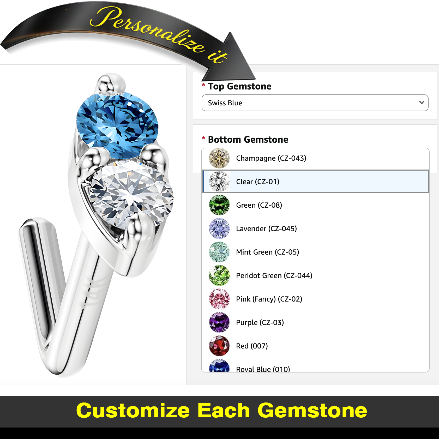 14K Gold Nose Ring with Customizable Marquise