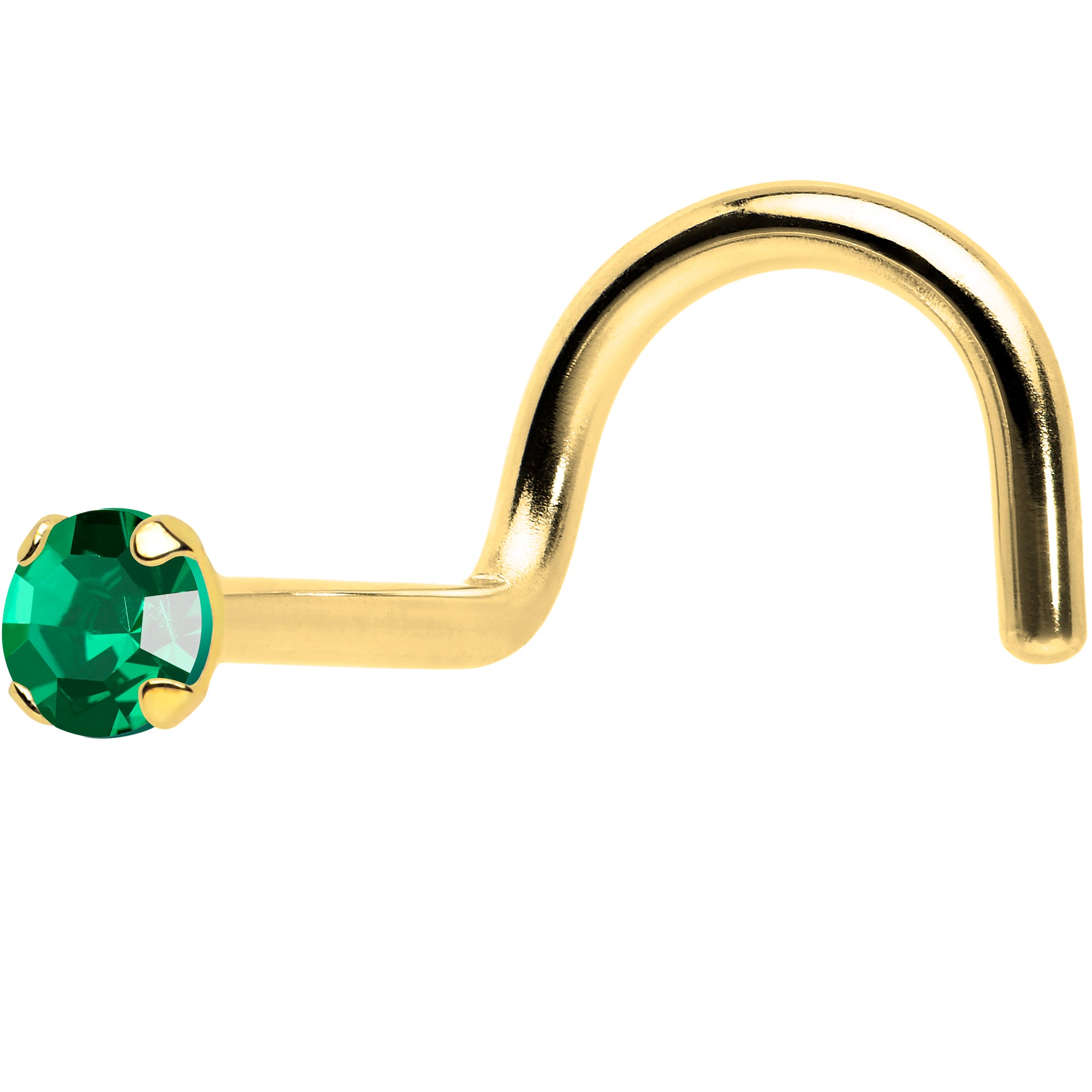 Solid 14k Yellow Gold 2mm Emerald Cubic Zirconia Solitaire Nose Ring