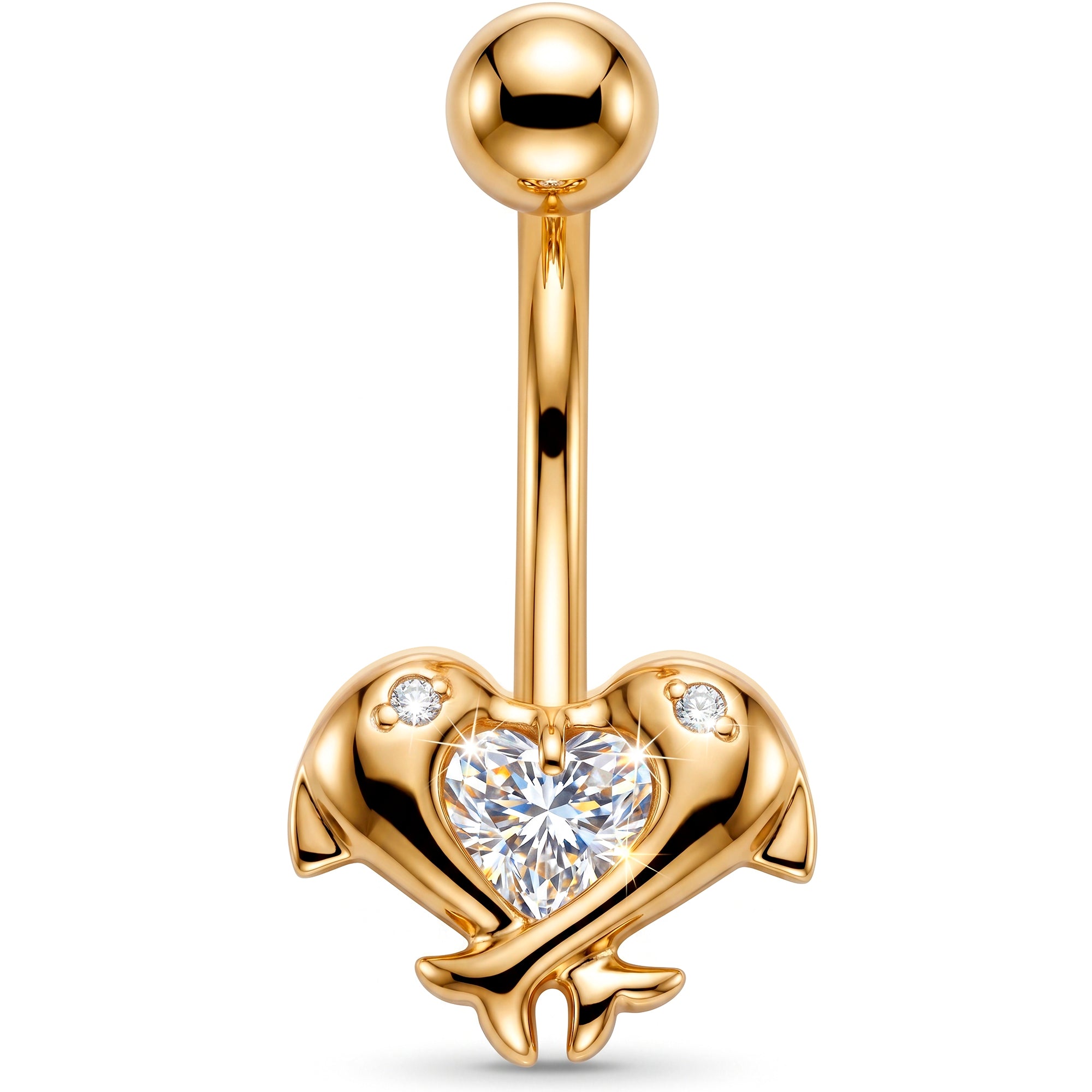 16G Solid 14k Yellow Gold Cubic Zirconia Dolphin Kiss Belly Ring