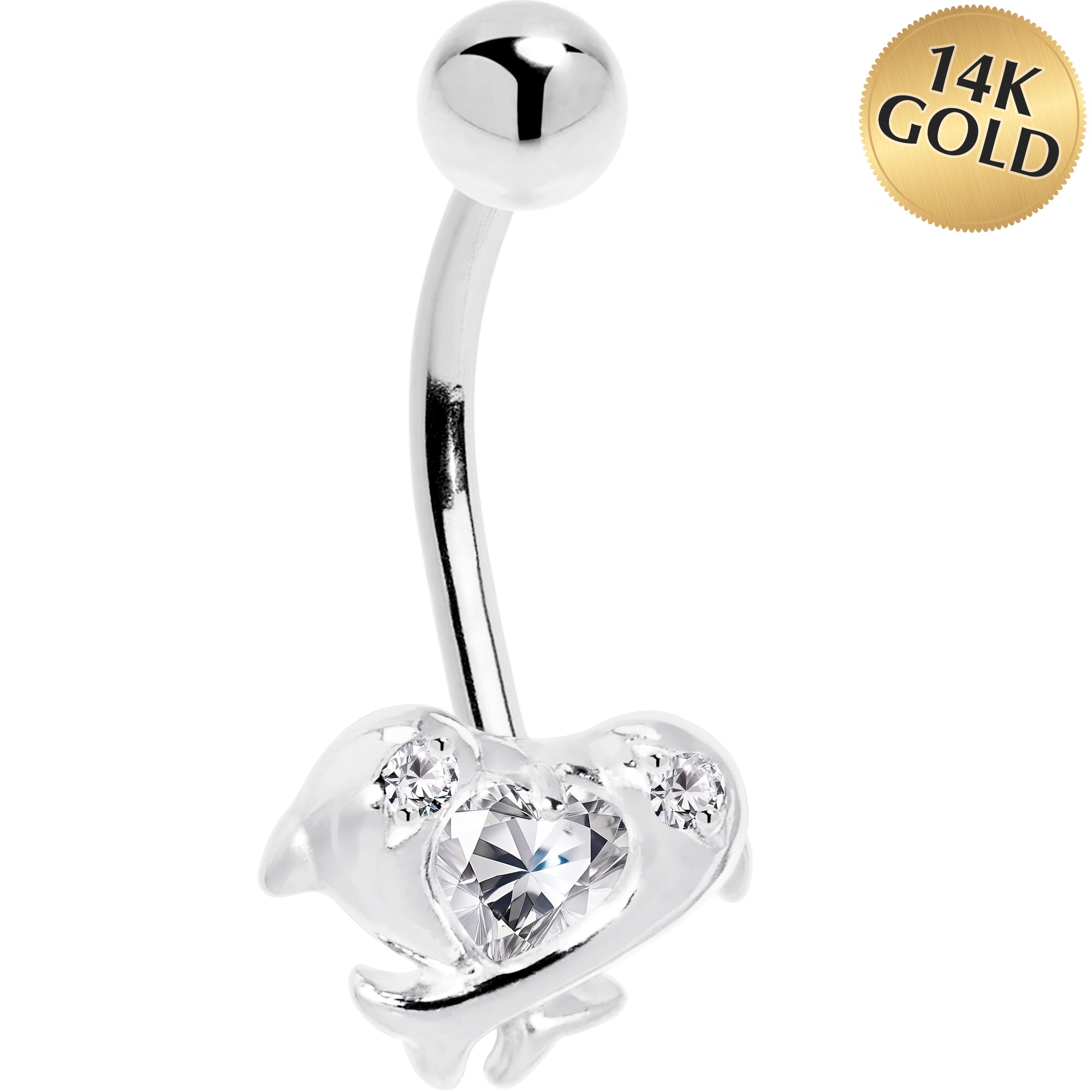 16G Solid 14k White Gold Cubic Zirconia Dolphin Kiss Belly Ring
