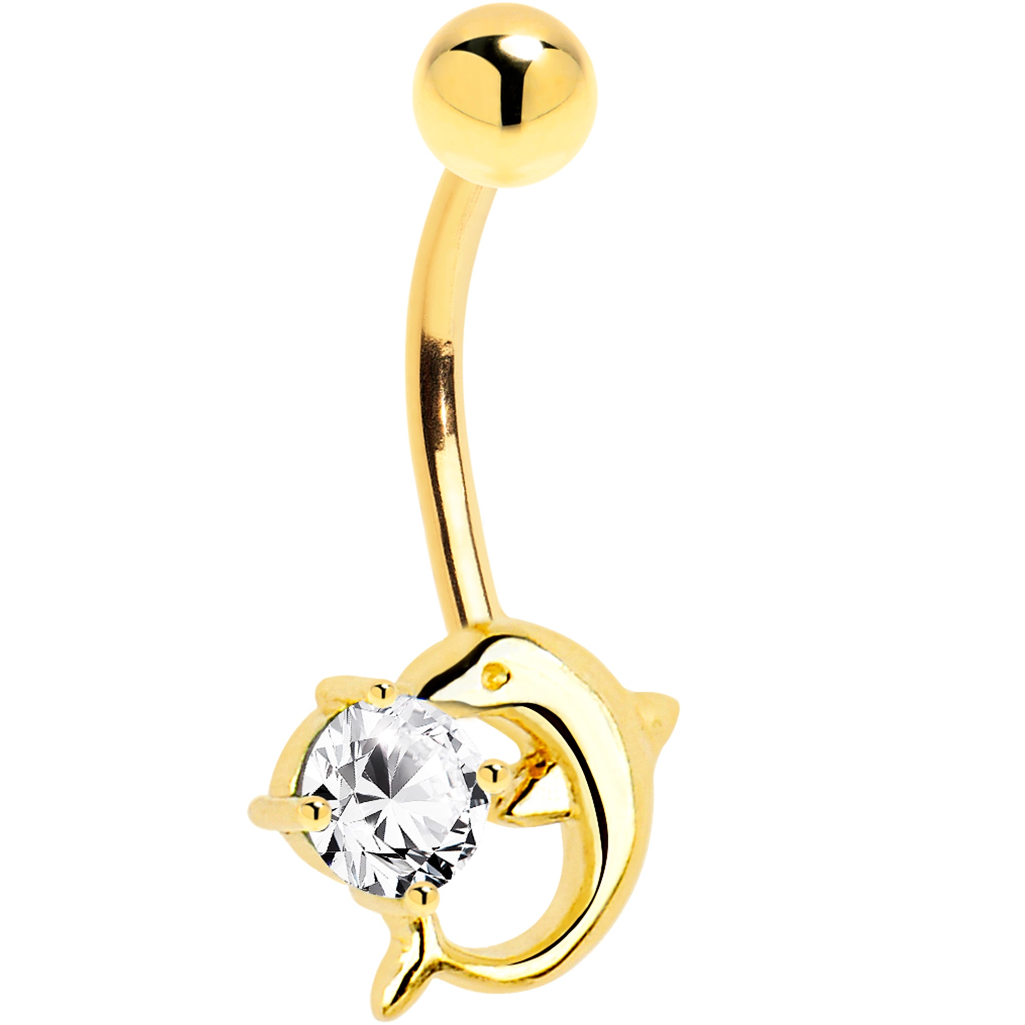 16G Solid 14k Yellow Gold Dolphin Clear Cubic Zirconia Belly Ring
