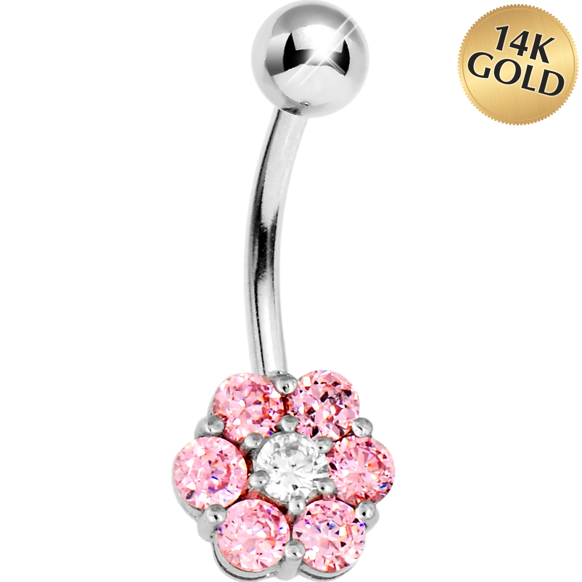 Solid 14k White Gold Pink Cubic Zirconia Flower Belly Ring