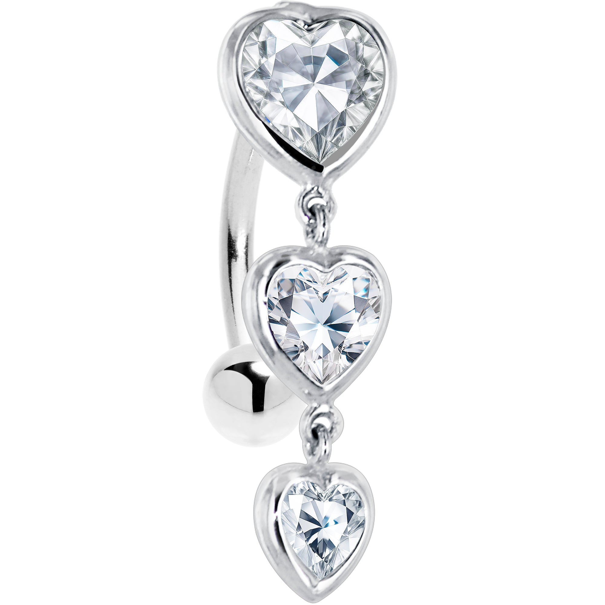16G Solid 14k White Gold Top Mount Cubic Zirconia Heart Trilogy Belly Ring