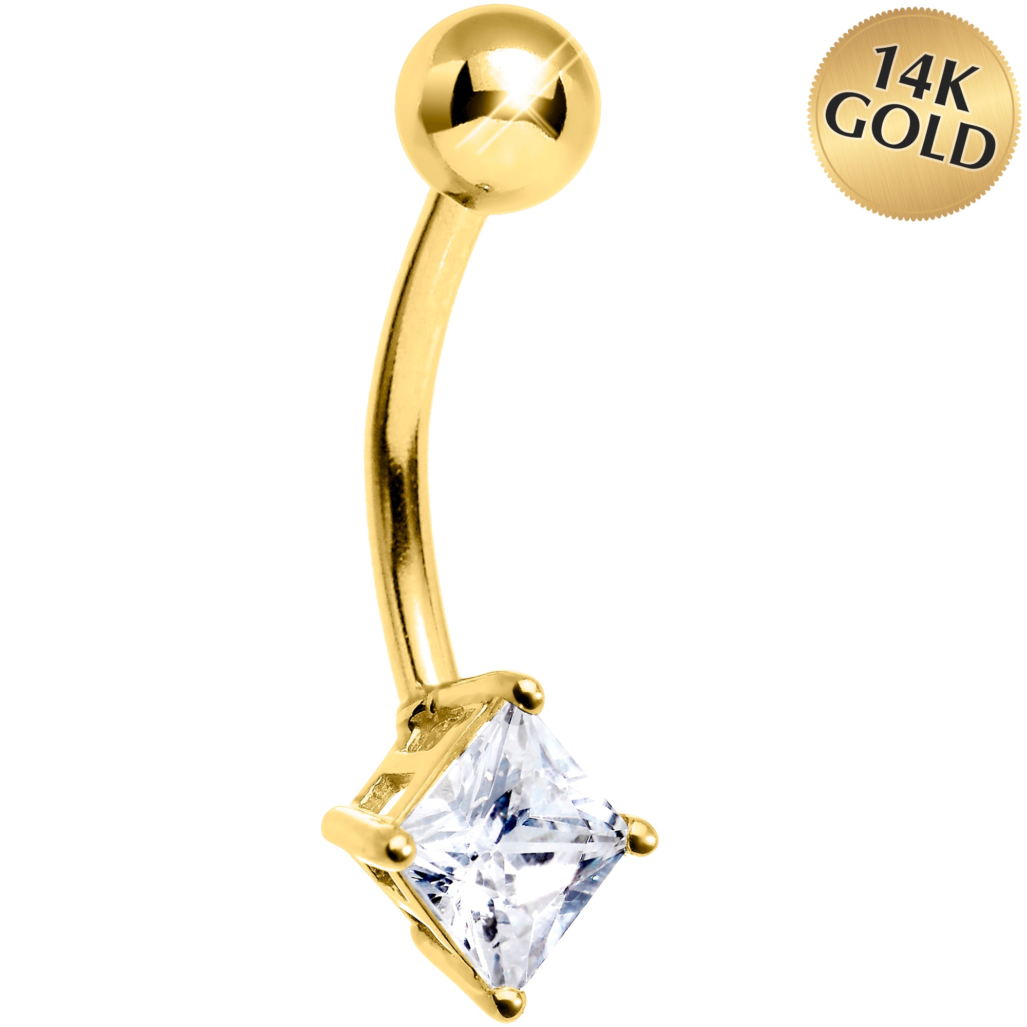 16G Solid 14k Yellow Gold CZ Square Solitaire Belly Ring