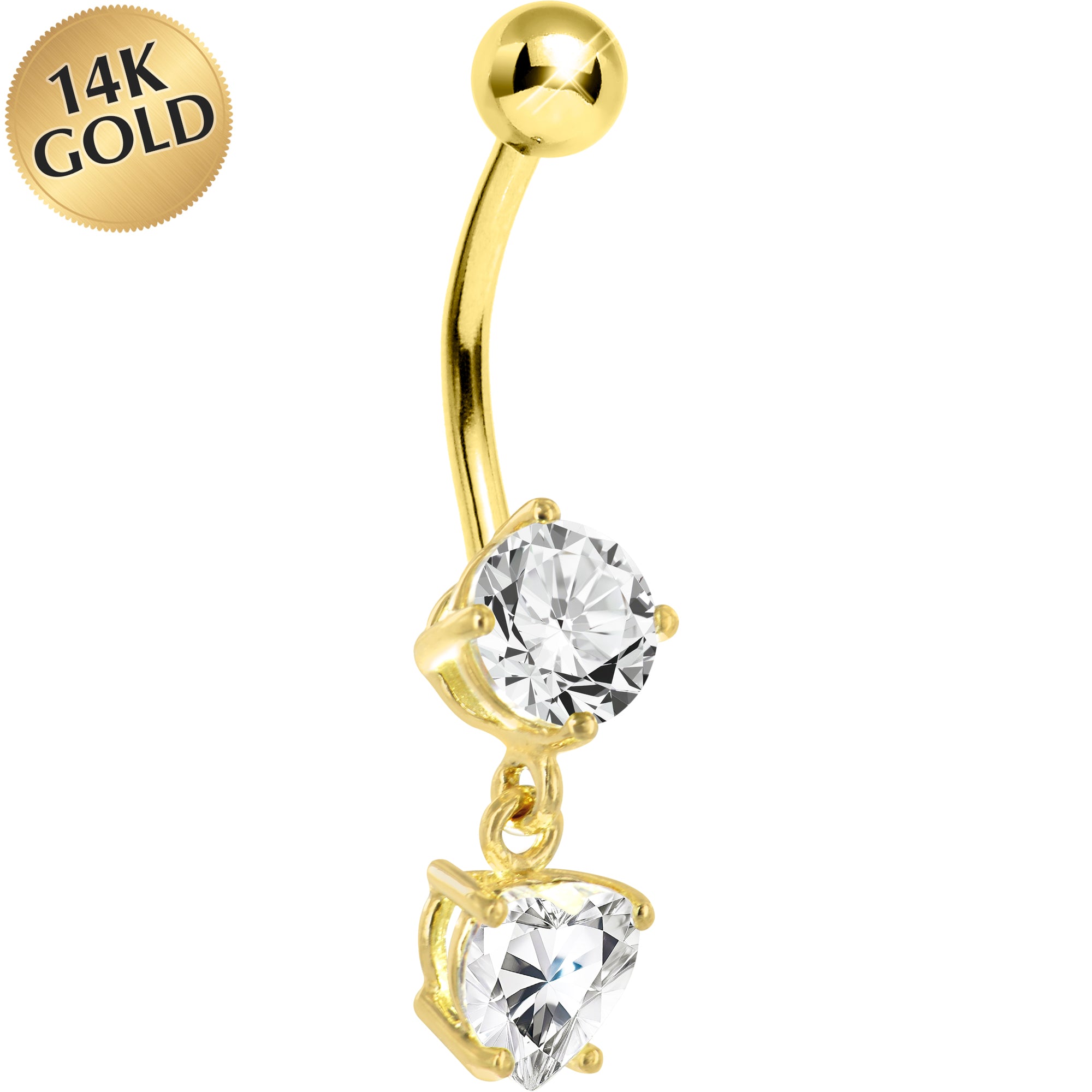 16G Solid 14k Yellow Gold Cubic Zirconia Solitaire Round Heart Dangle Belly Ring