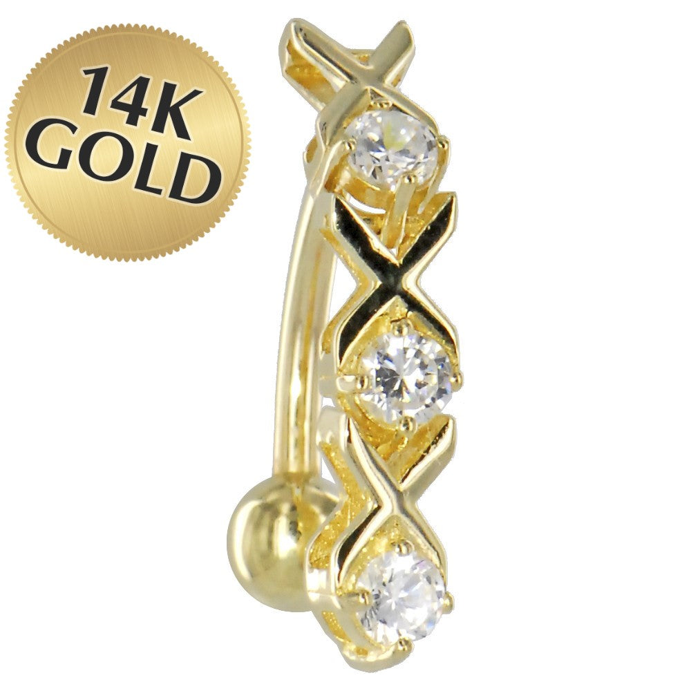 16G Solid 14k Yellow Gold Top Mount Cubic Zirconia Xoxo Belly Ring