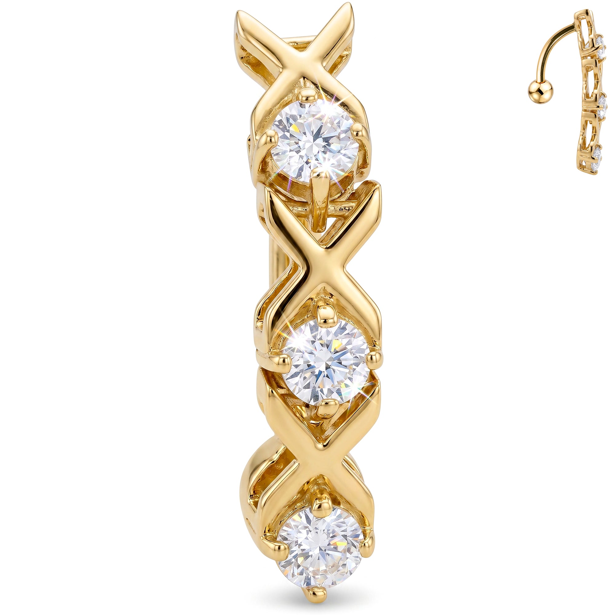 16G Solid 14k Yellow Gold Top Mount Cubic Zirconia Xoxo Belly Ring