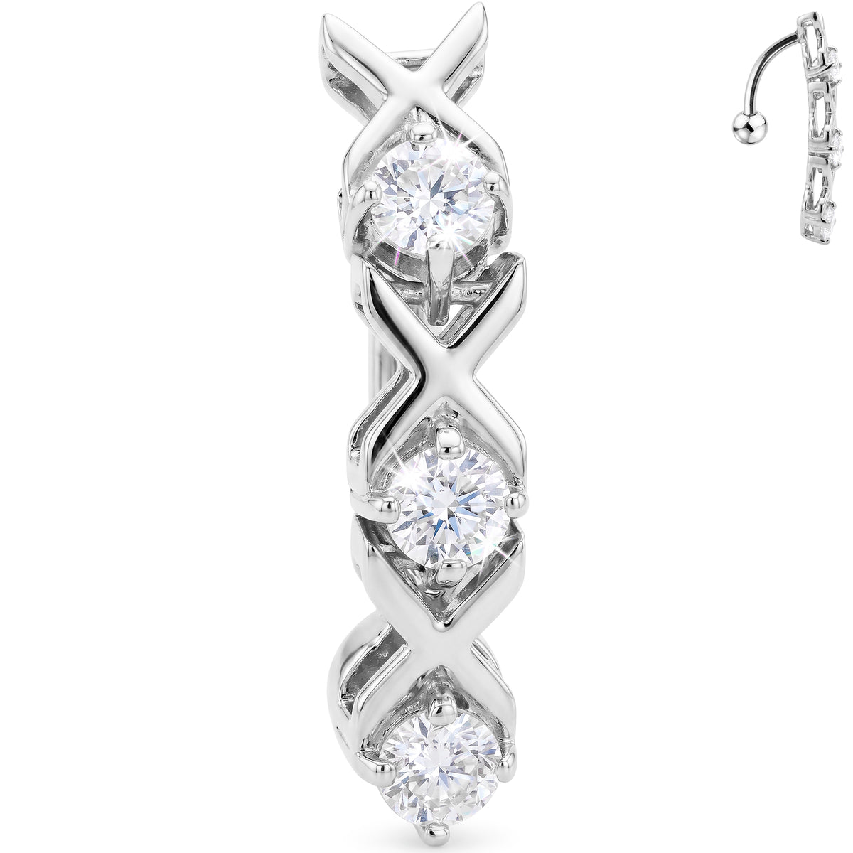 16G Solid 14k White Gold Top Mount Cubic Zirconia Xoxo Belly Ring