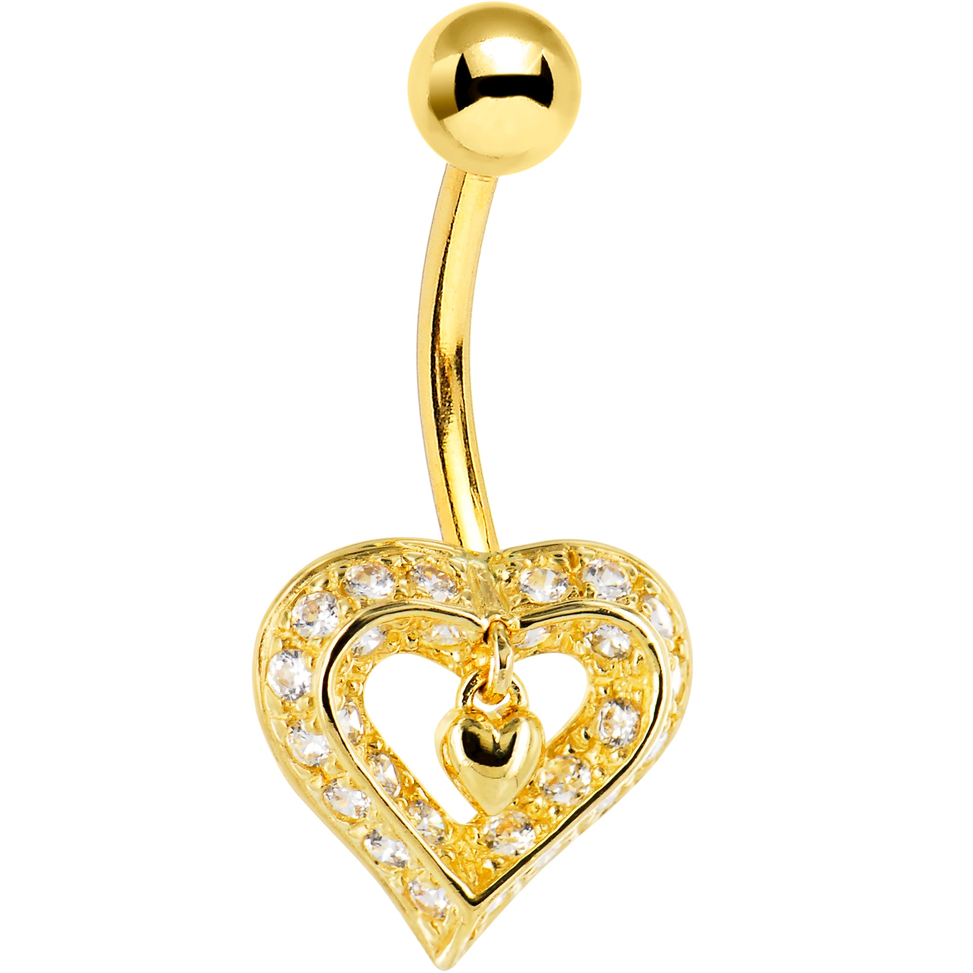 16G Solid 14K Yellow Gold Cubic Zirconia CHARMING HEART Belly Ring