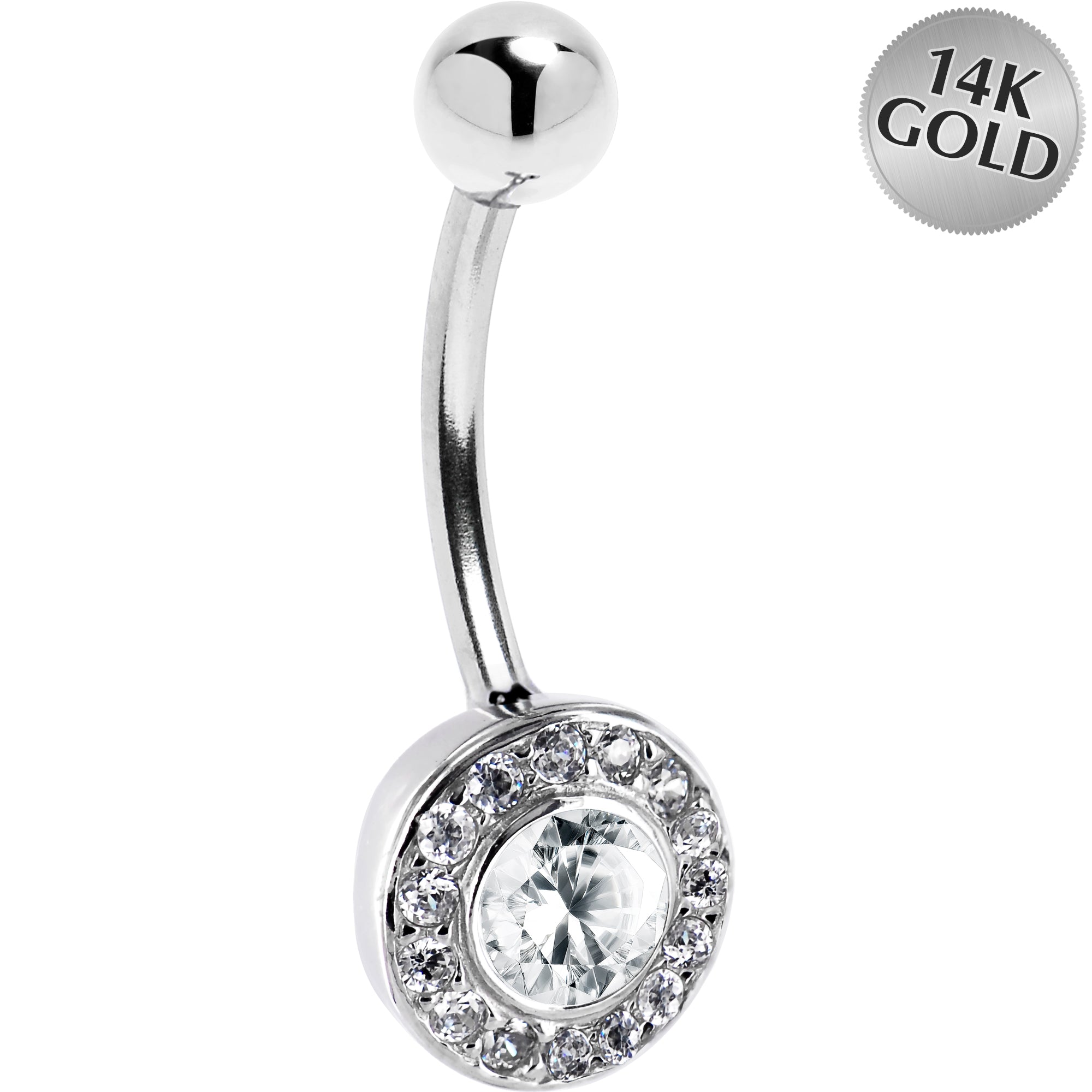 16G Solid 14K White Gold Cubic Zirconia ROUND Belly Ring