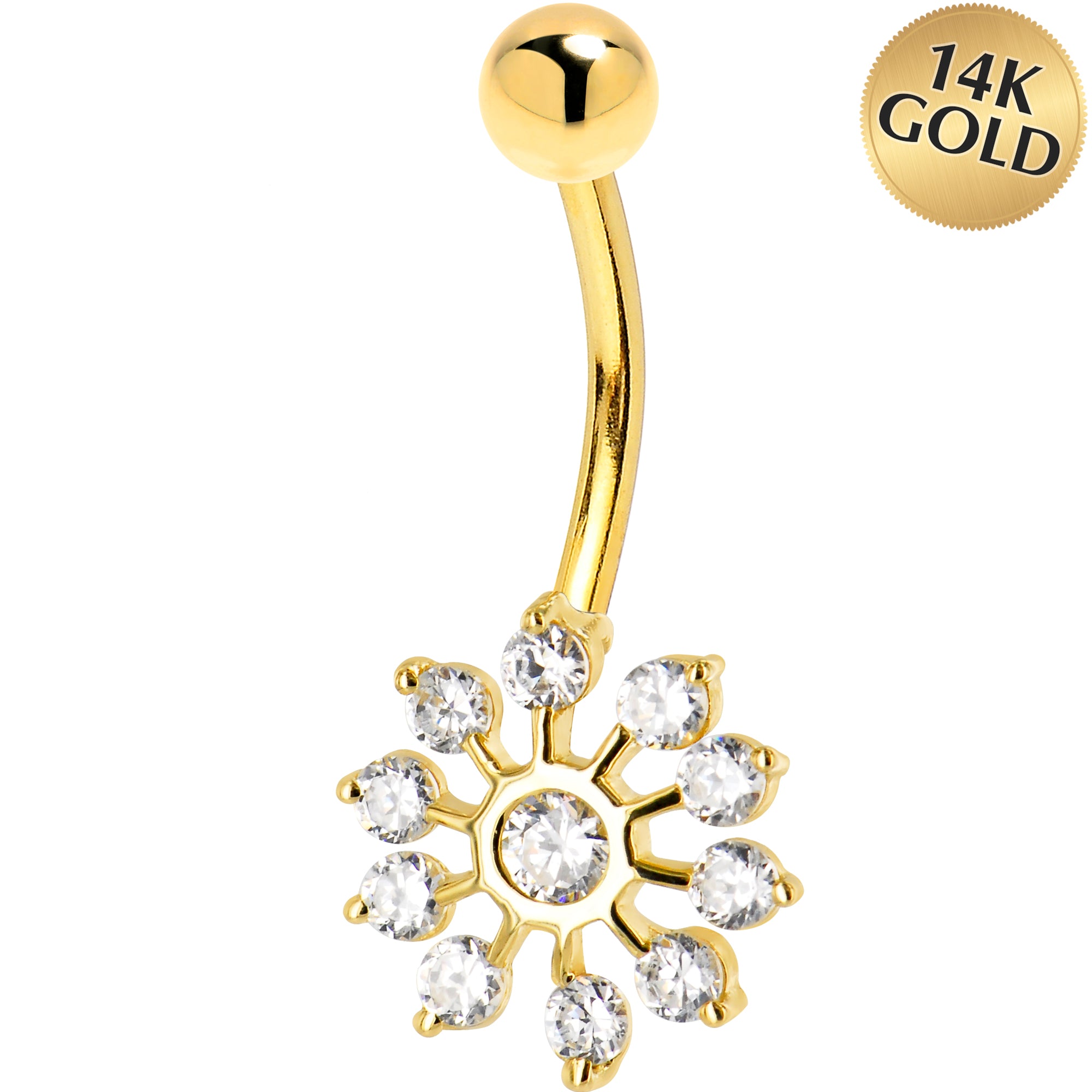 16G Solid 14K Yellow Gold Cubic Zirconia PEACOCK Belly Ring
