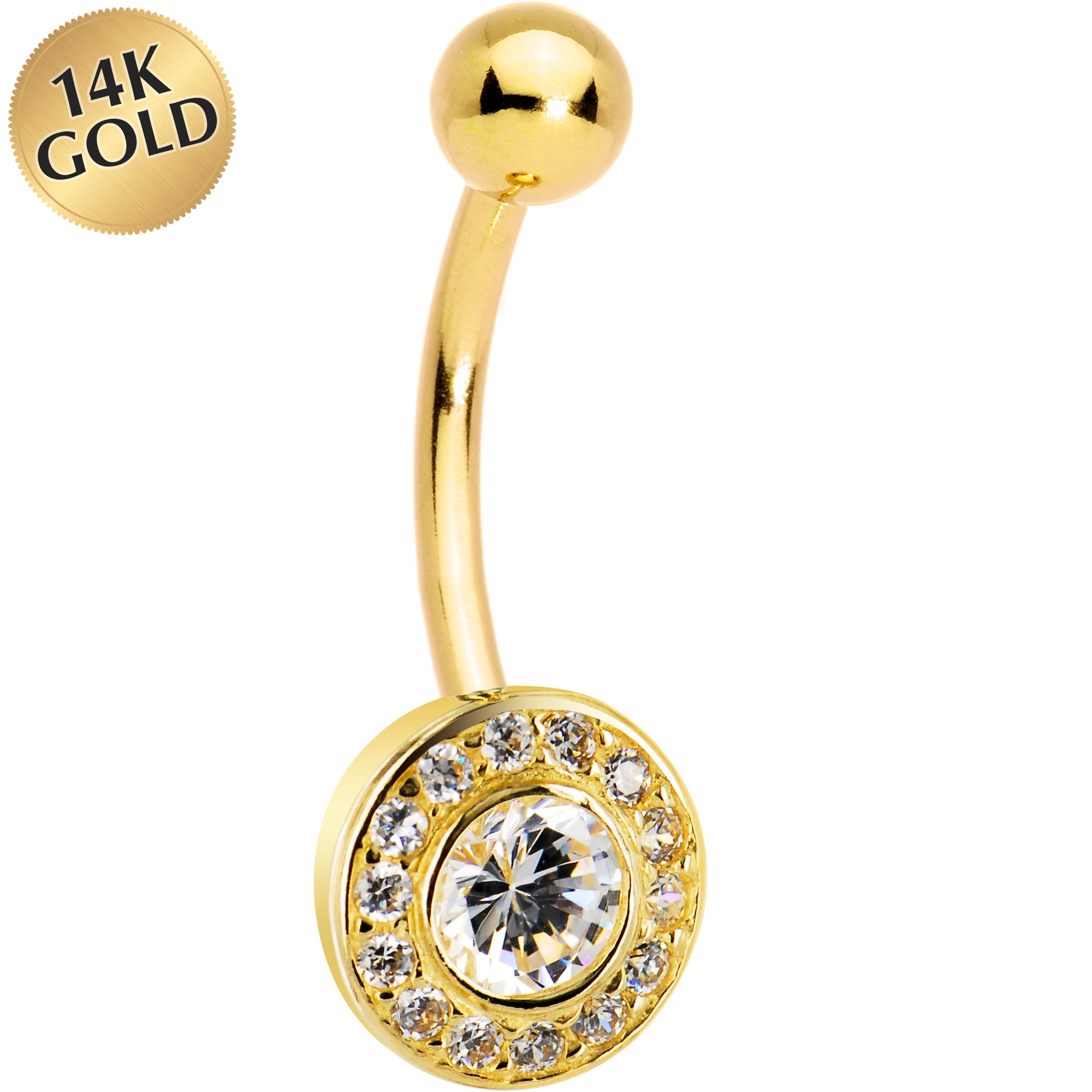 16G Solid 14K Yellow Gold Cubic Zirconia Round Belly Ring