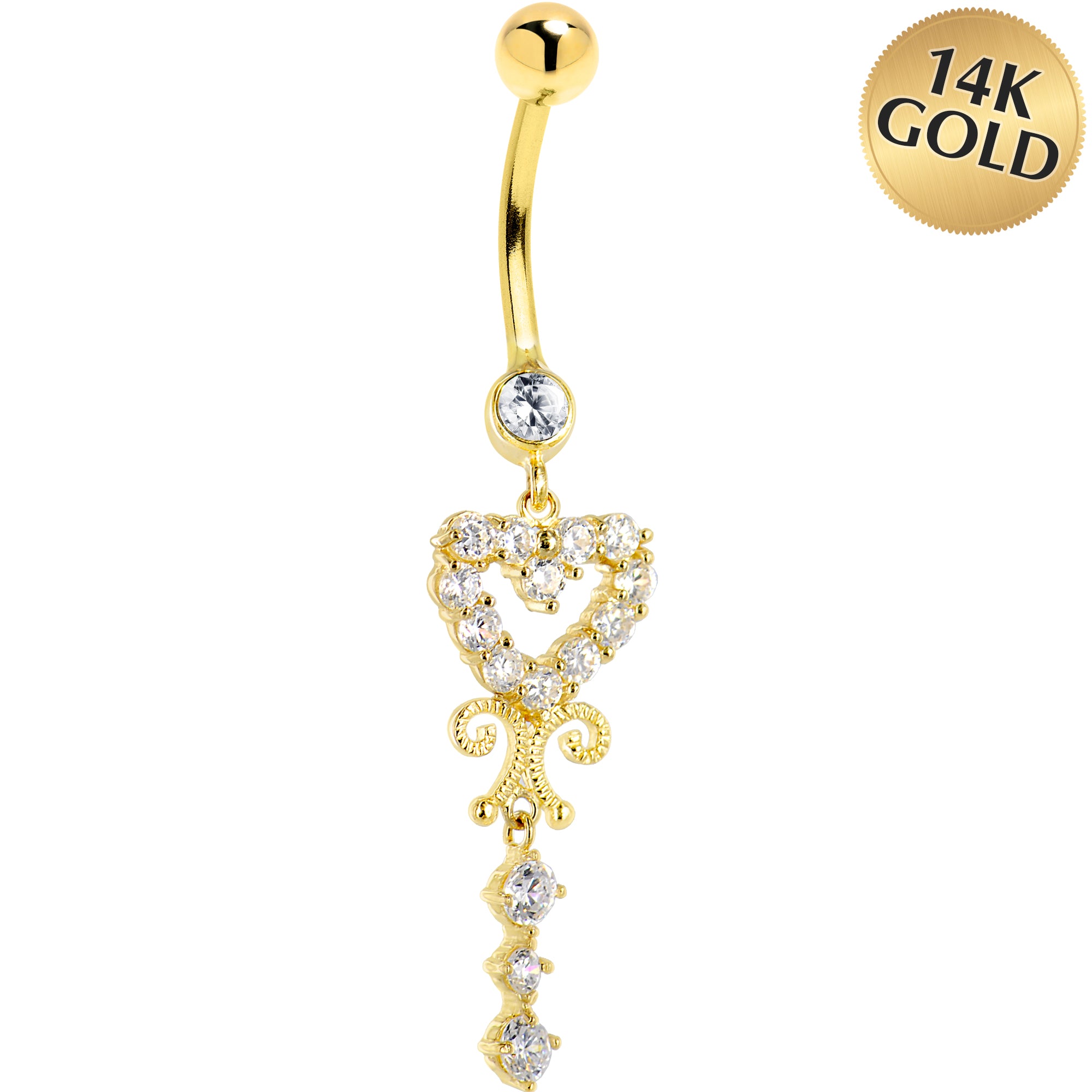 16G Solid 14K Yellow Gold SCROLL DROP HEART Cubic Zirconia Belly Ring