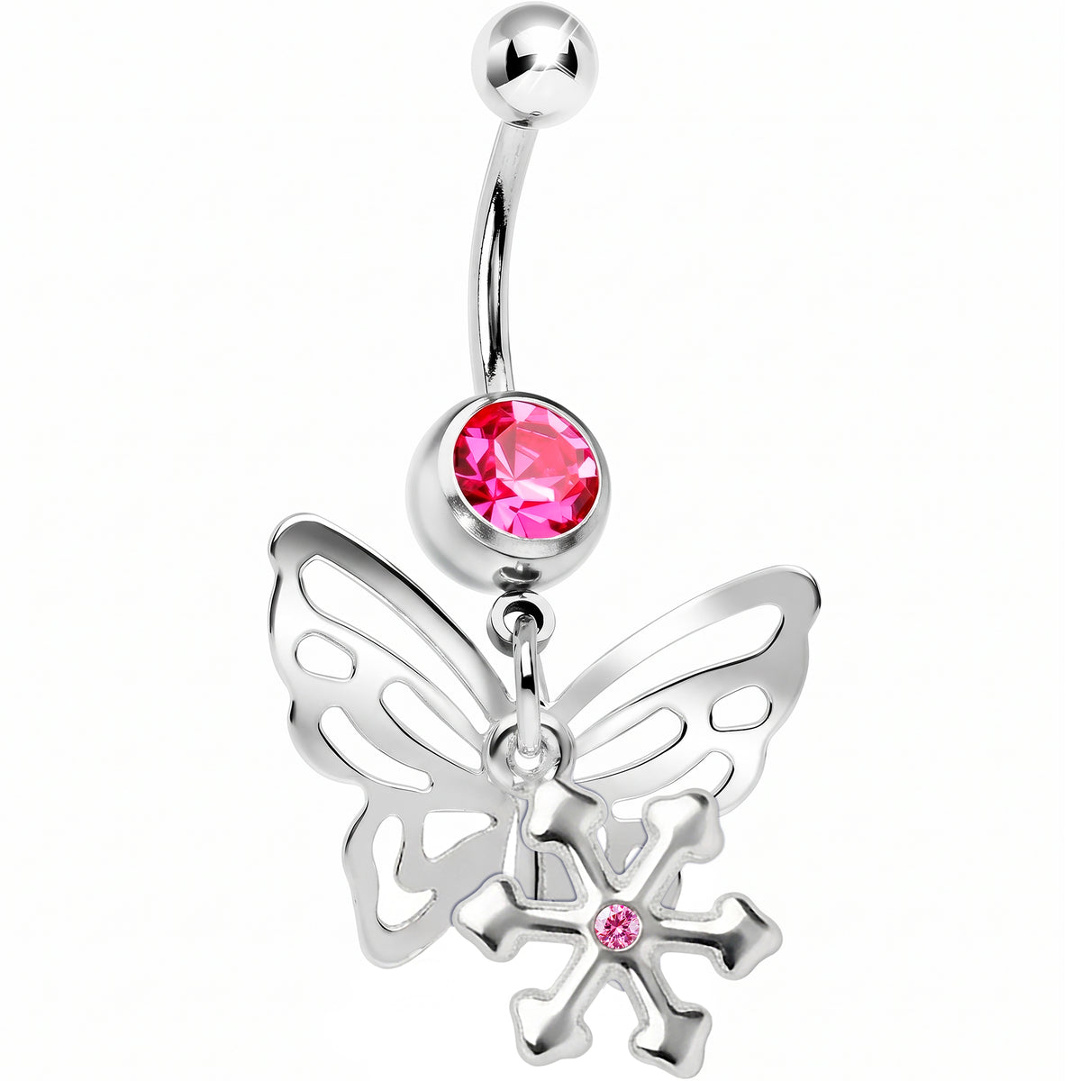 Pink Gem Butterfly Snowflake Dangle Belly Ring