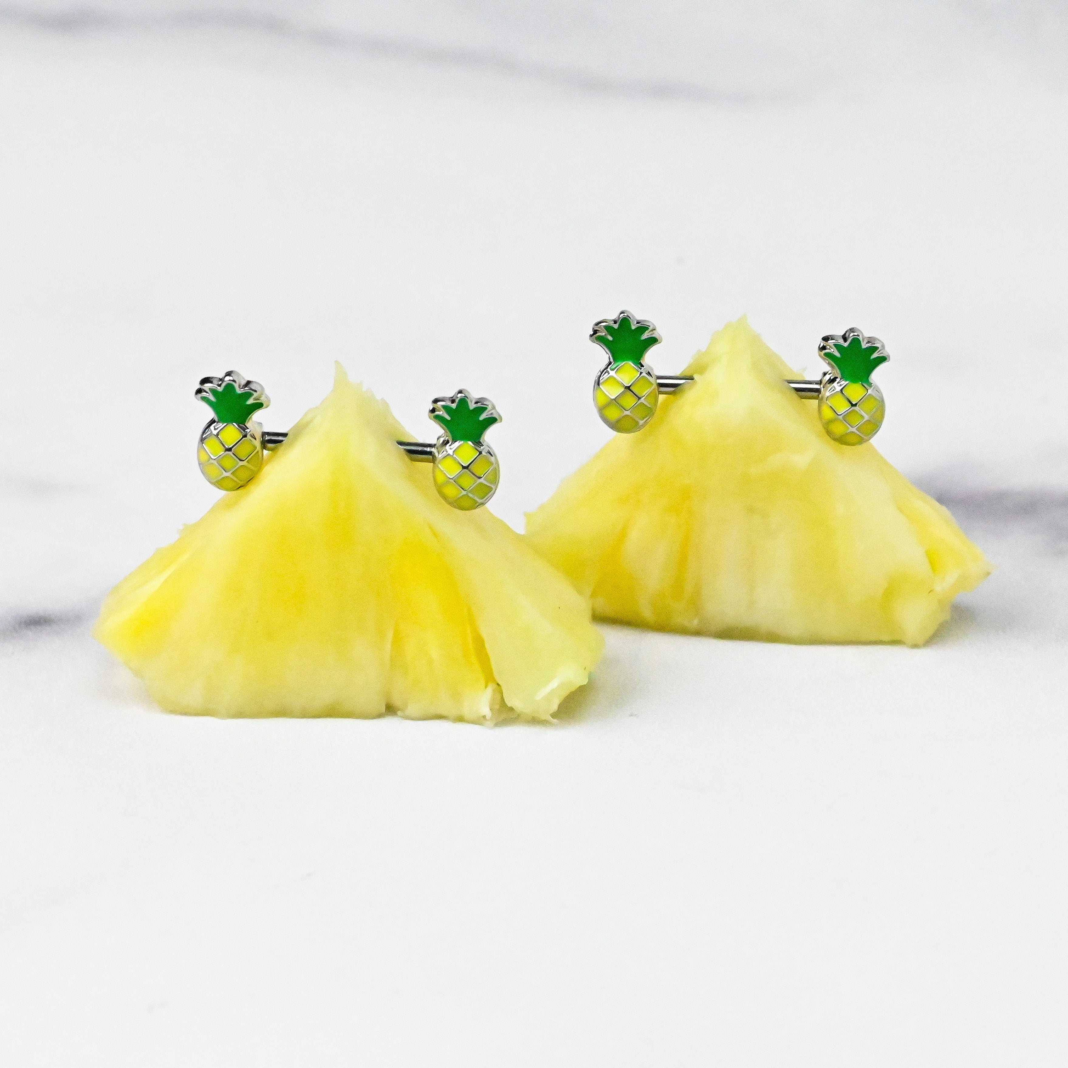 14G 1/2 Steel Yellow Green Pineapple Barbell Nipple Ring Set