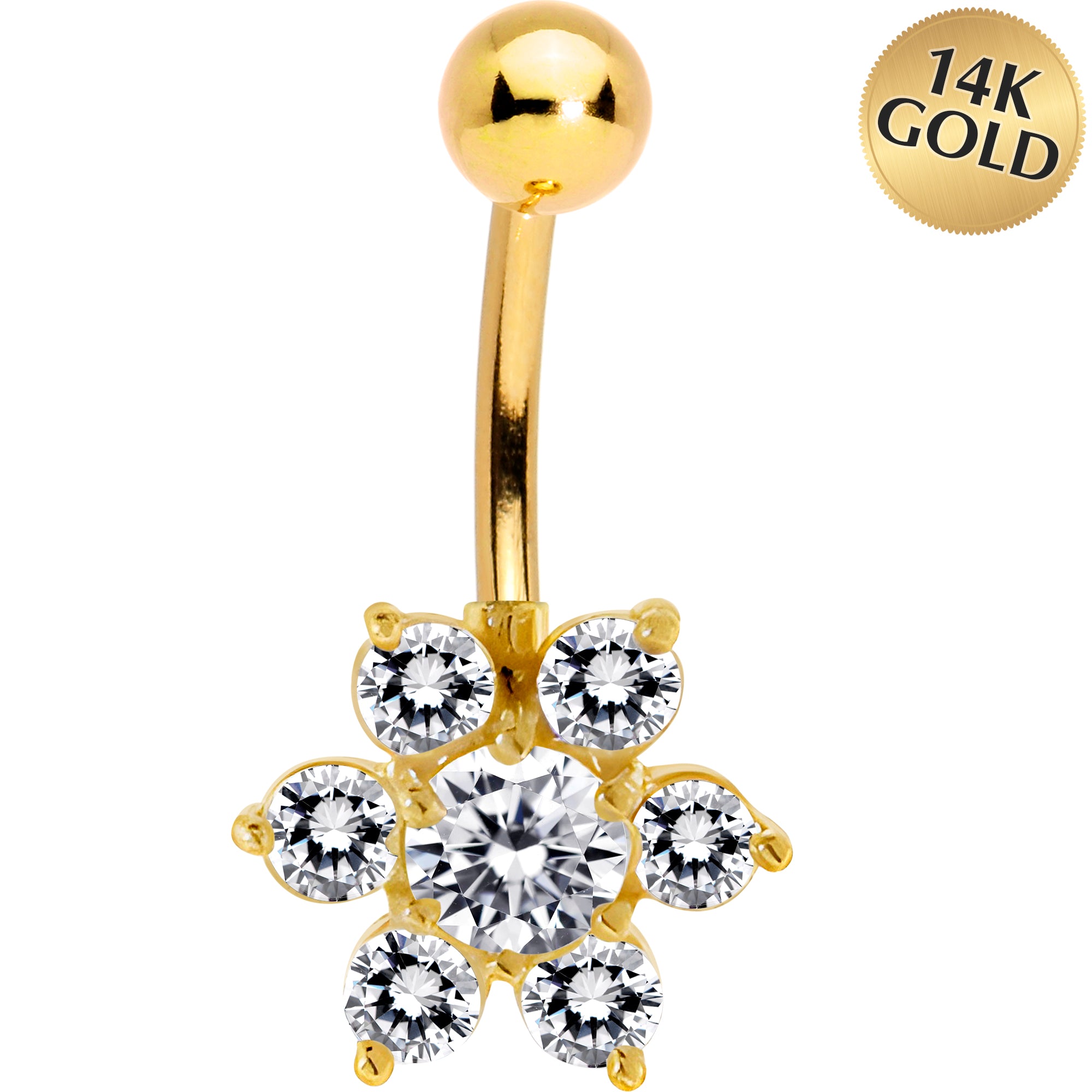 16G Solid 14K Yellow Gold CZ Flower Belly Ring