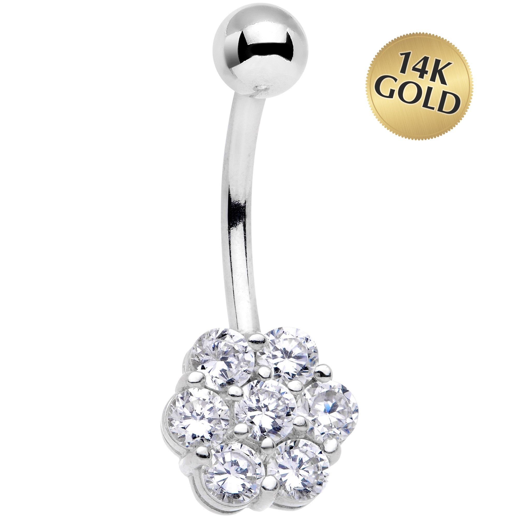 Solid 14k White Gold Gem Flower Belly Ring-16G