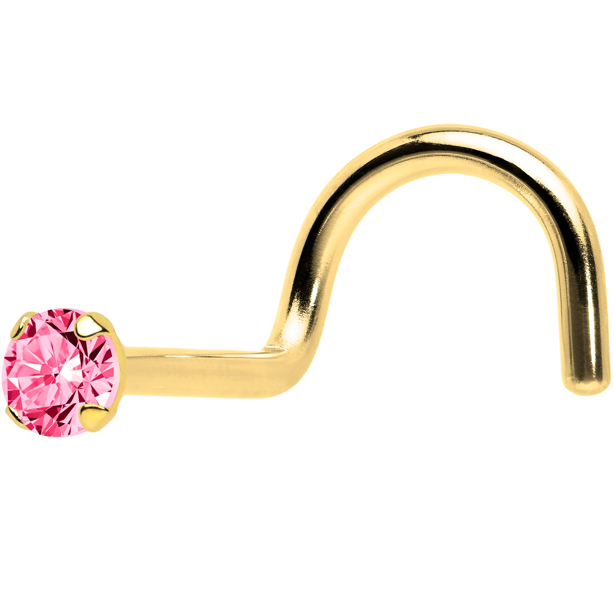 Solid 14K Yellow Gold 2mm Pink Cubic Zirconia Solitiare Nose Ring