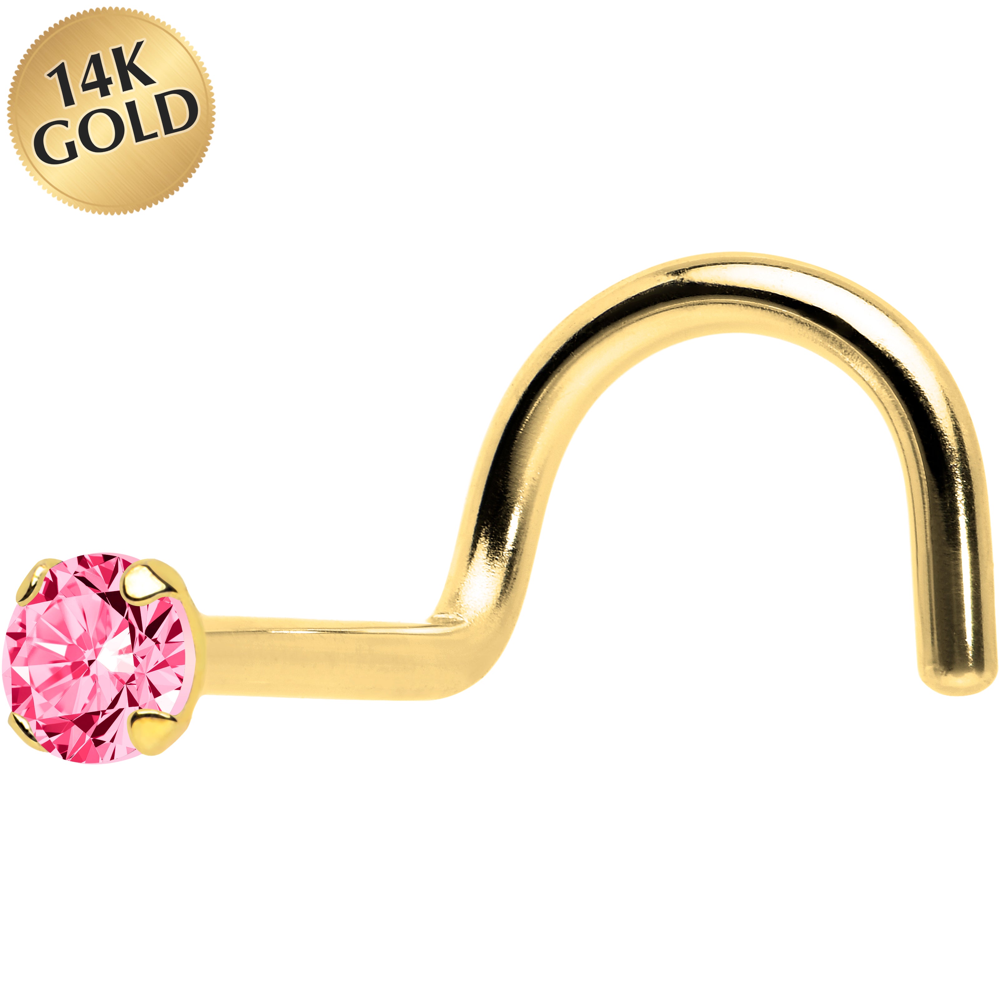 Solid 14K Yellow Gold 2mm Pink Cubic Zirconia Solitiare Nose Ring