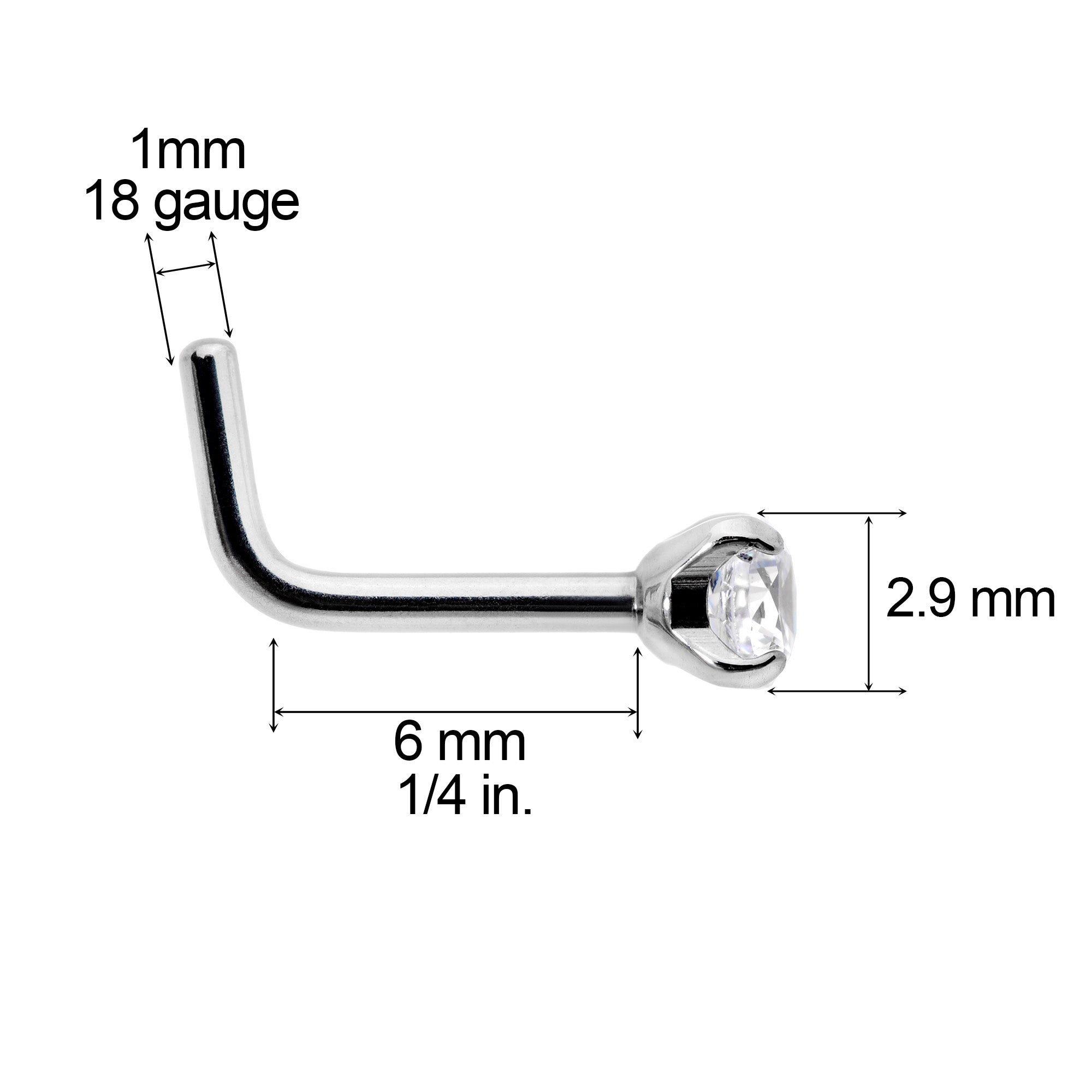 18G 1/4 Clear 3mm CZ Gem Grade 23 Titanium L Shaped Nose Ring