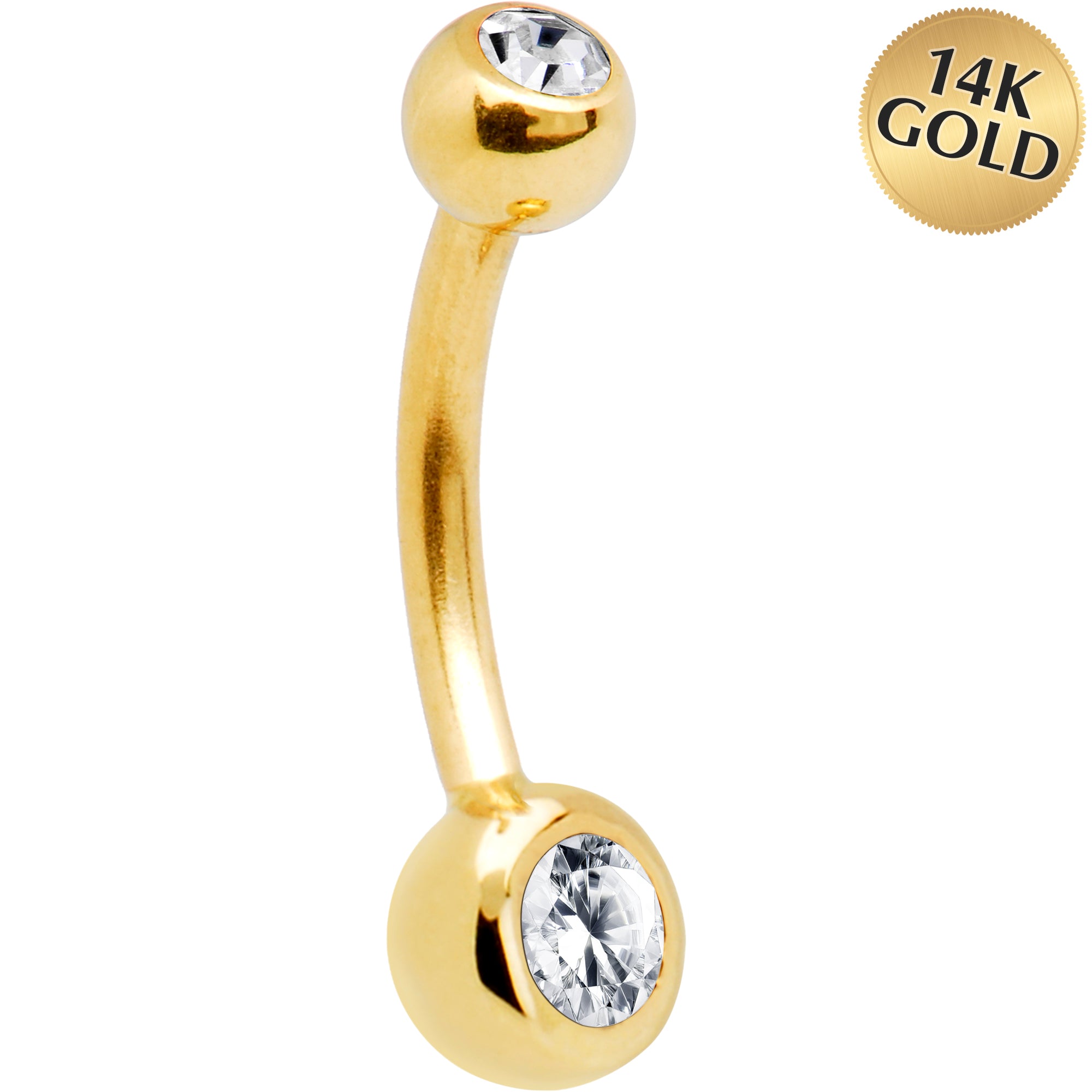 16G Solid 14K Yellow Gold Double Gem Cubic Zirconia Belly Ring