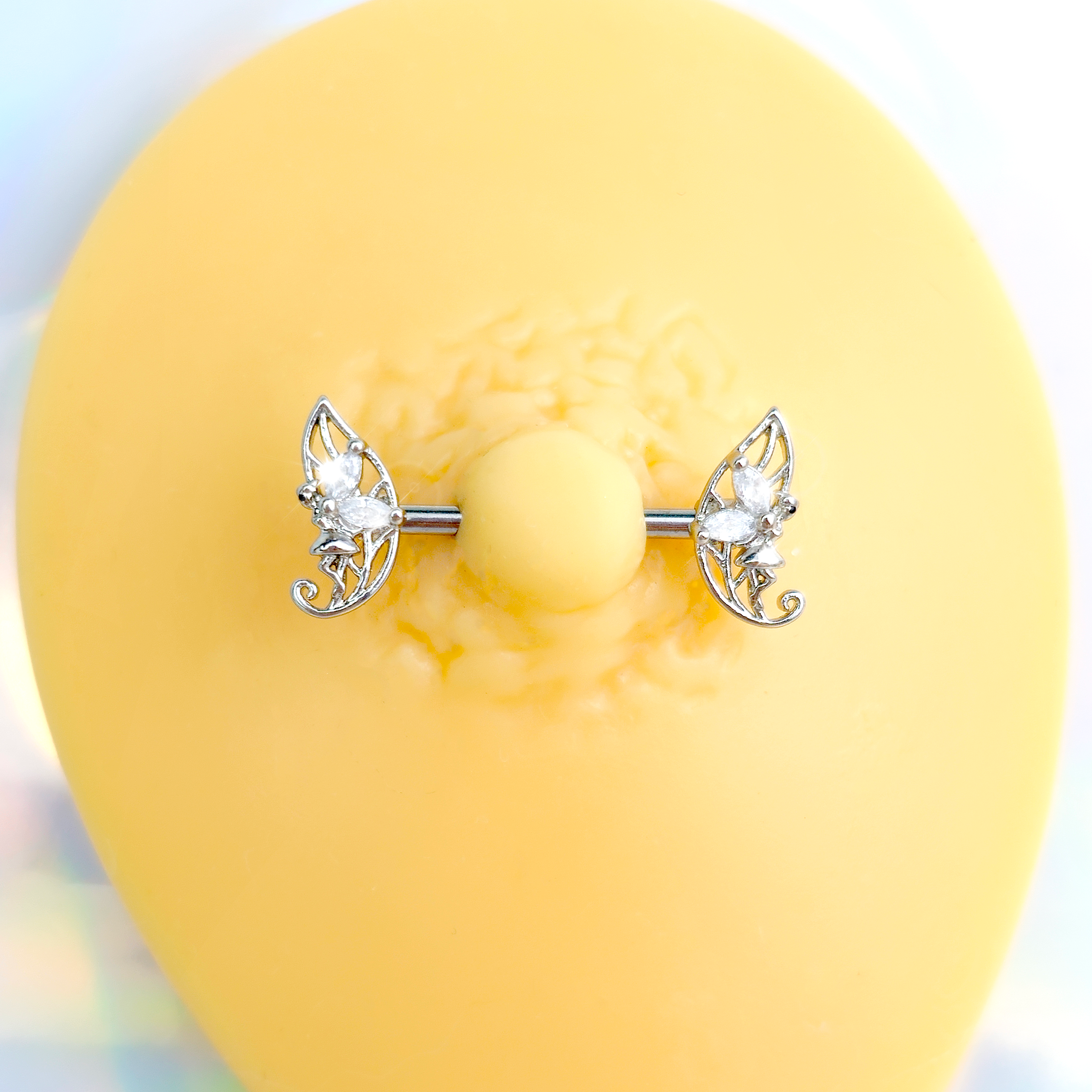 14G 9/16 Clear CZ Gem Fairy Leaf Barbell Nipple Ring Set