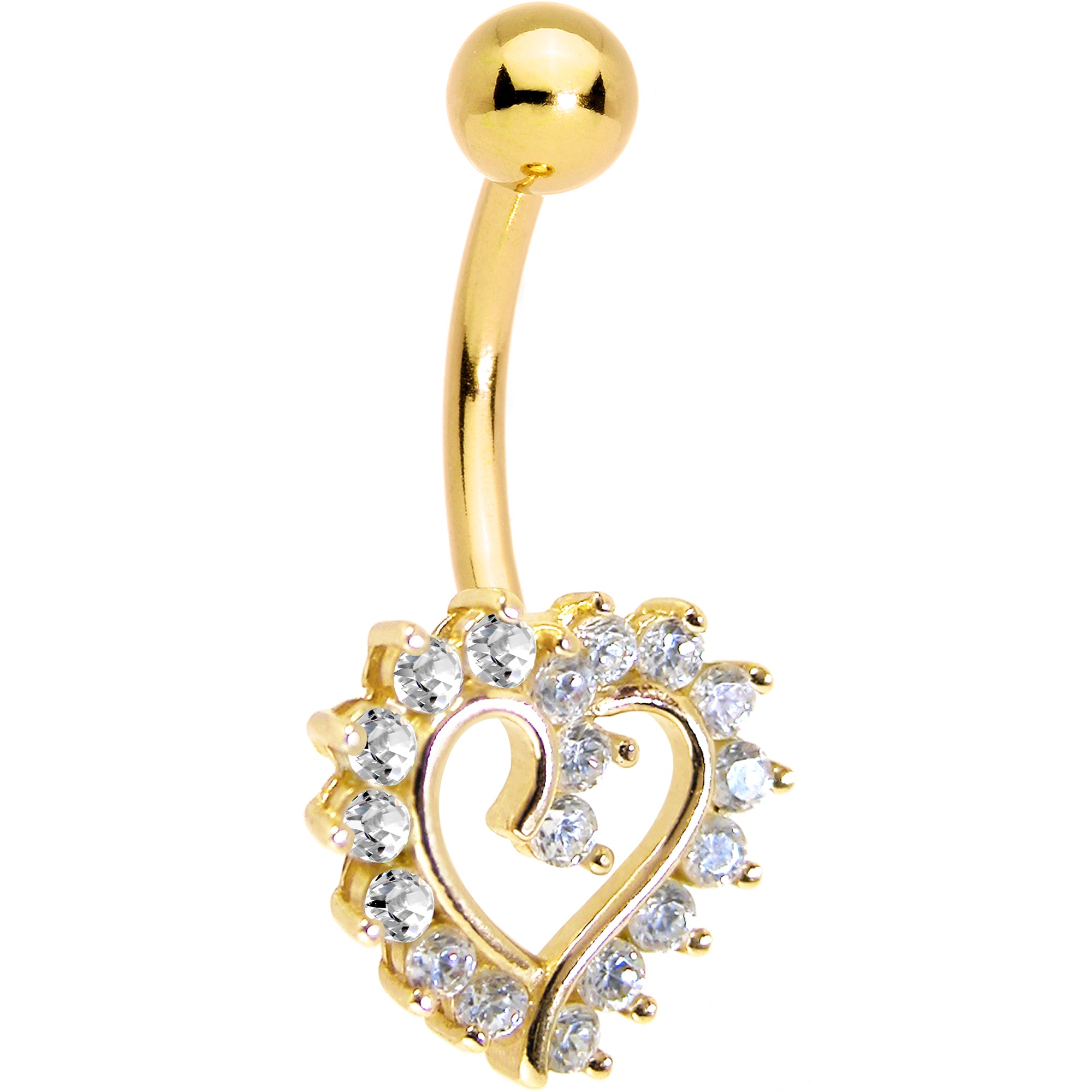 16G Solid 14K Yellow Gold Cubic Zirconia HOLLOW HEART Belly Ring