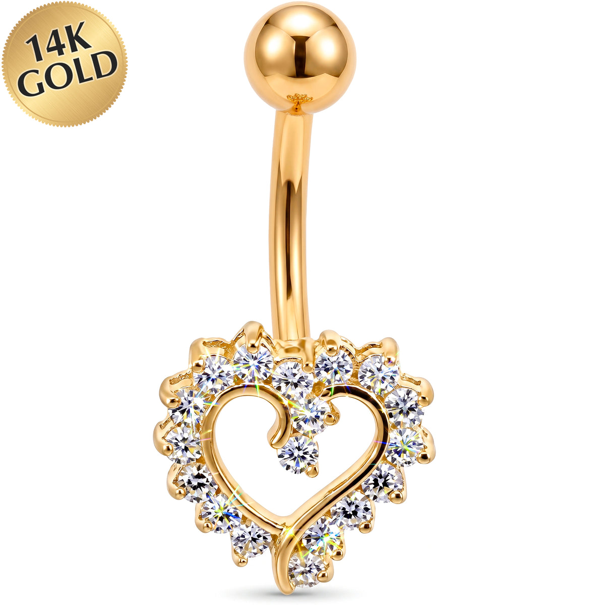 16G Solid 14K Yellow Gold Cubic Zirconia HOLLOW HEART Belly Ring