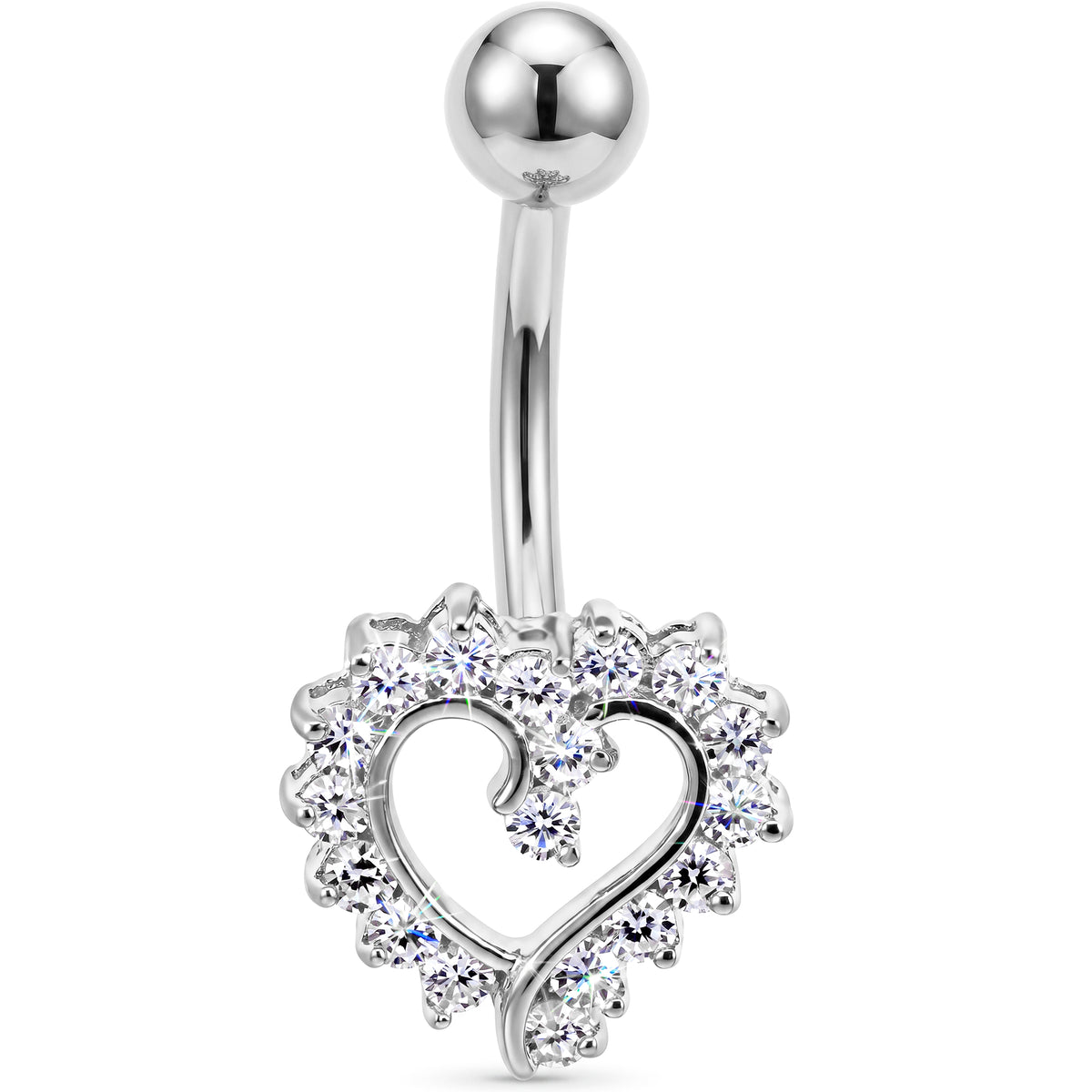 16G Solid 14K White Cubic Zirconia HOLLOW HEART Belly Ring