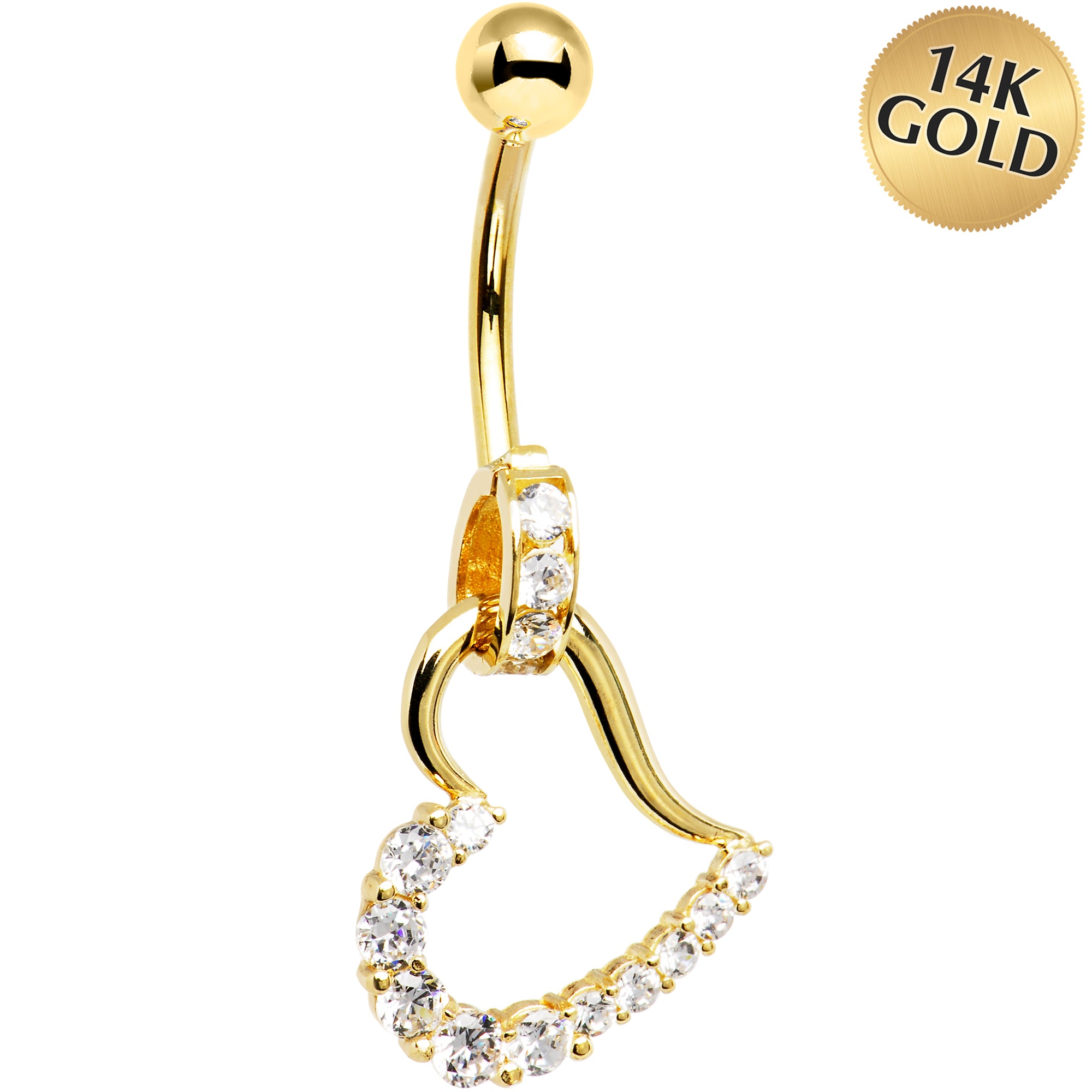 Solid 14KT Yellow Gold Cubic Zirconia HOLLOW HEART CHARM Belly Ring