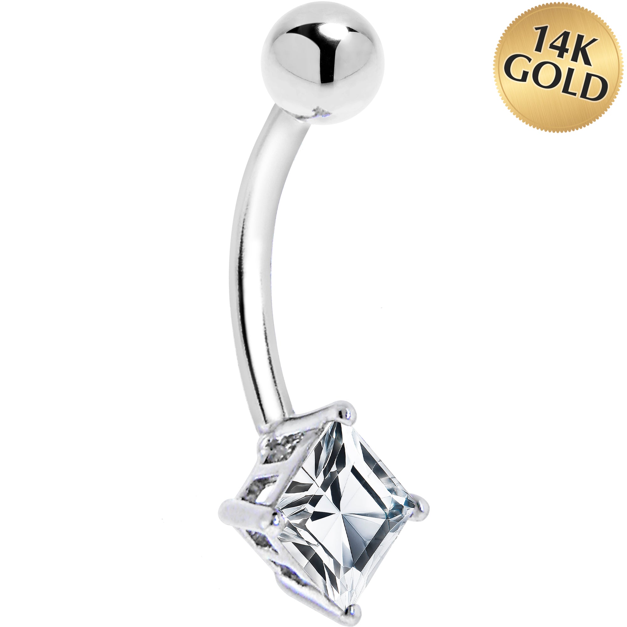 16G Solid 14K White Gold CZ SQUARE SOLITAIRE Belly Ring