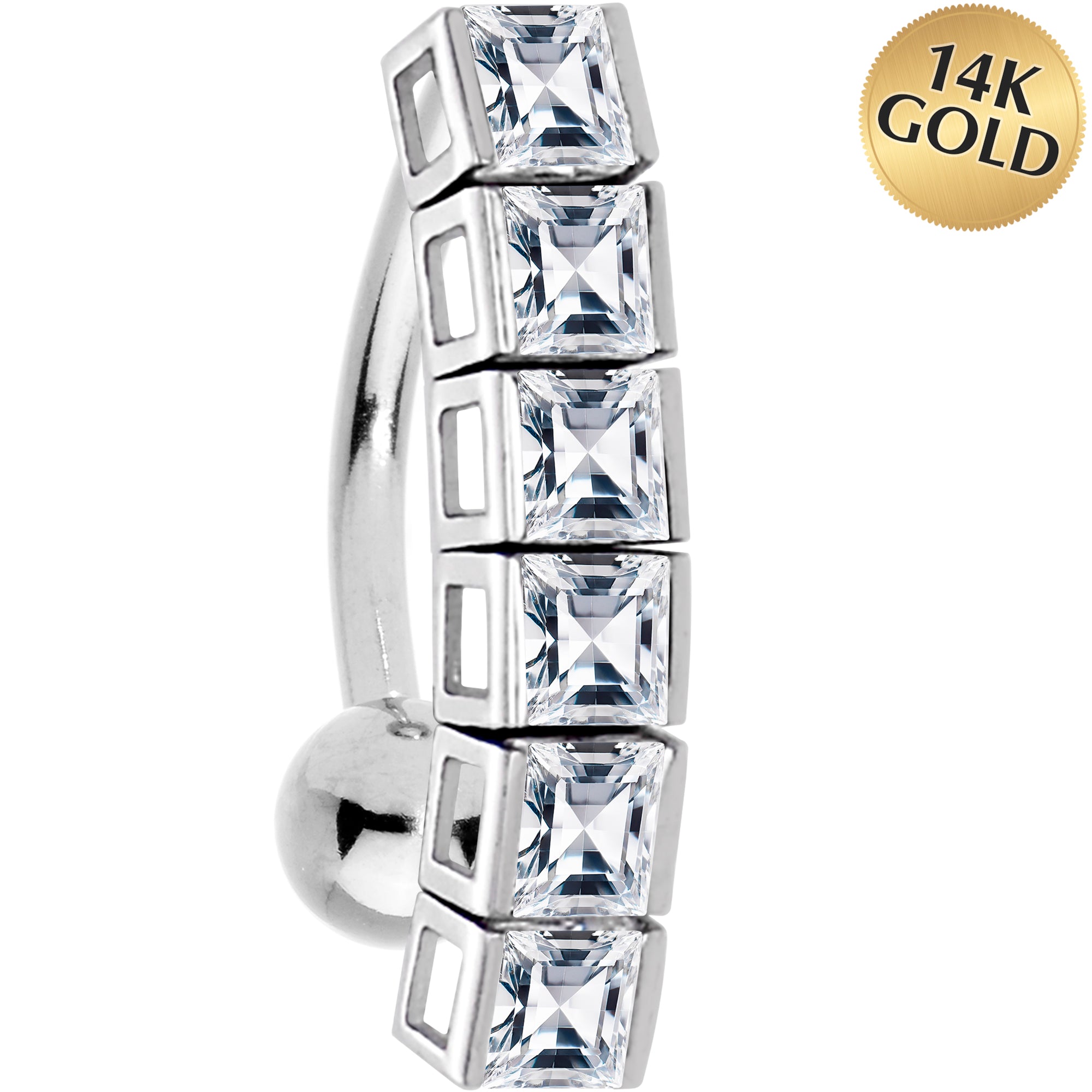 16G Solid 14K White Gold TOP DROP Cubic Zirconia SIX SQUARE TENNIS Belly Ring