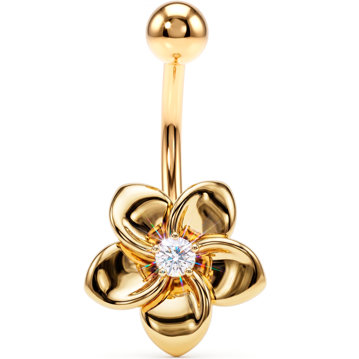 16G Solid 14K Yellow Gold FLOWER Belly Ring