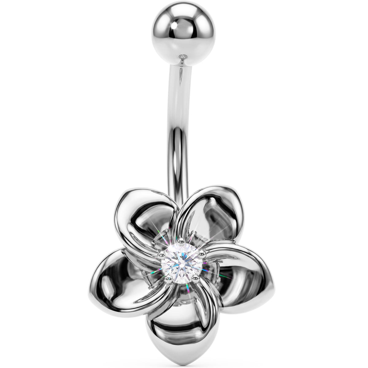 16G Solid 14K White Gold Cubic Zirconia FLOWER Belly Ring
