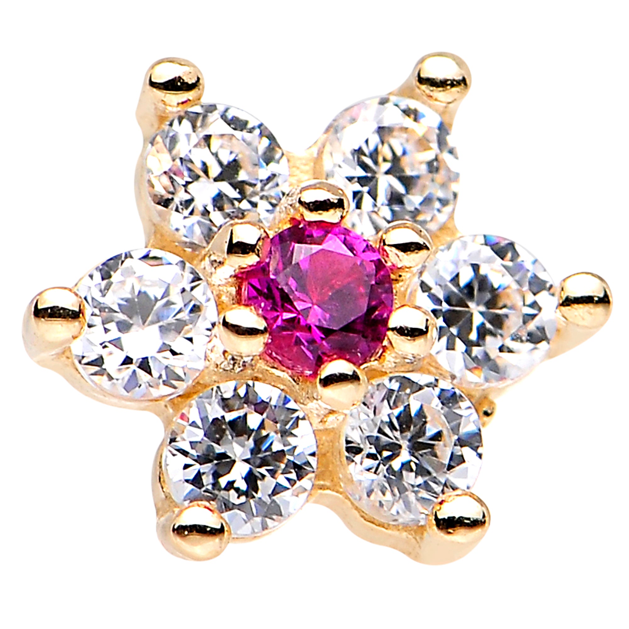 Solid 14K Yellow GOLD Fuchsia CZ FLOWER Nose Stud