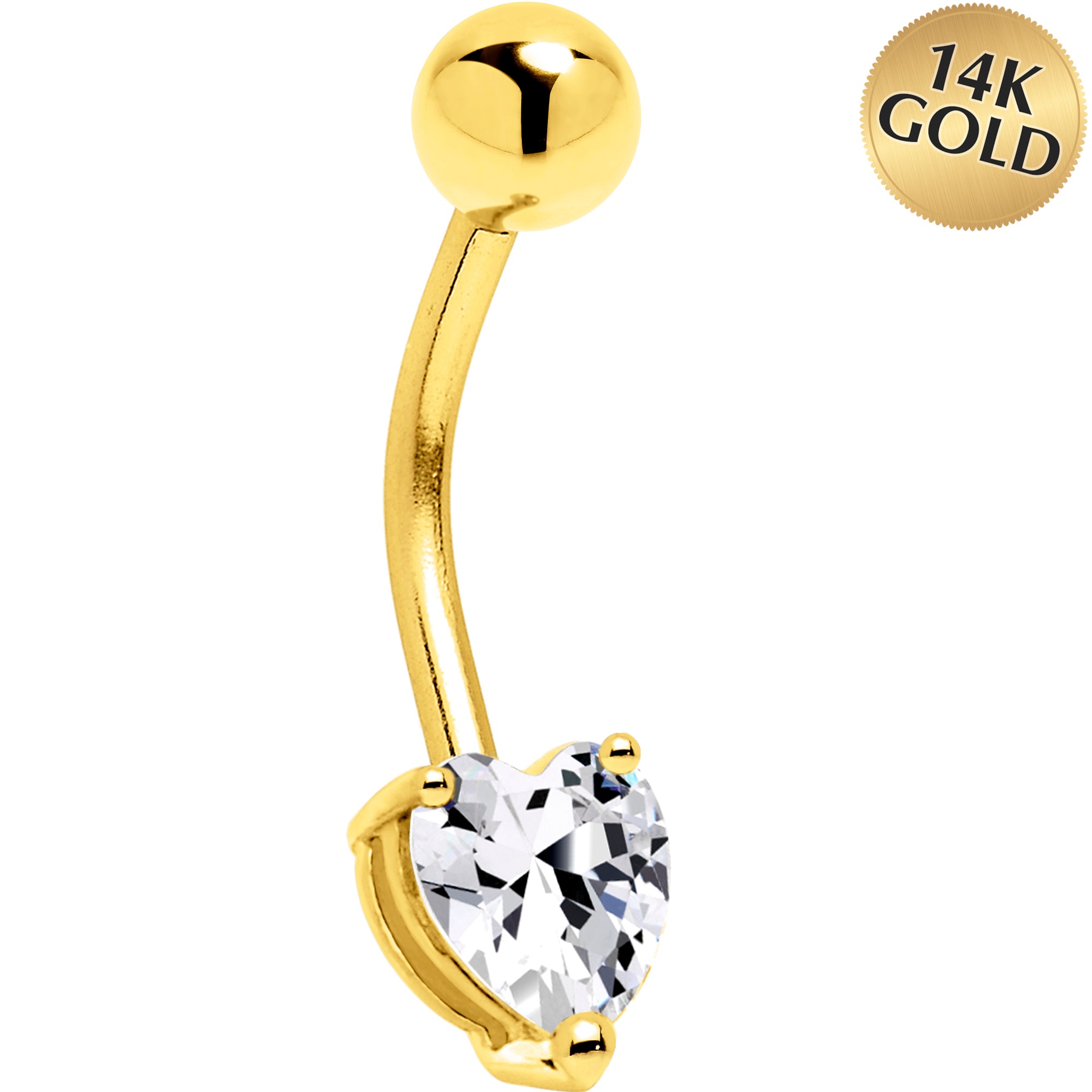 16G Solid 14K Yellow Gold Cubic Zirconia HEART SOLITAIRE Belly Ring