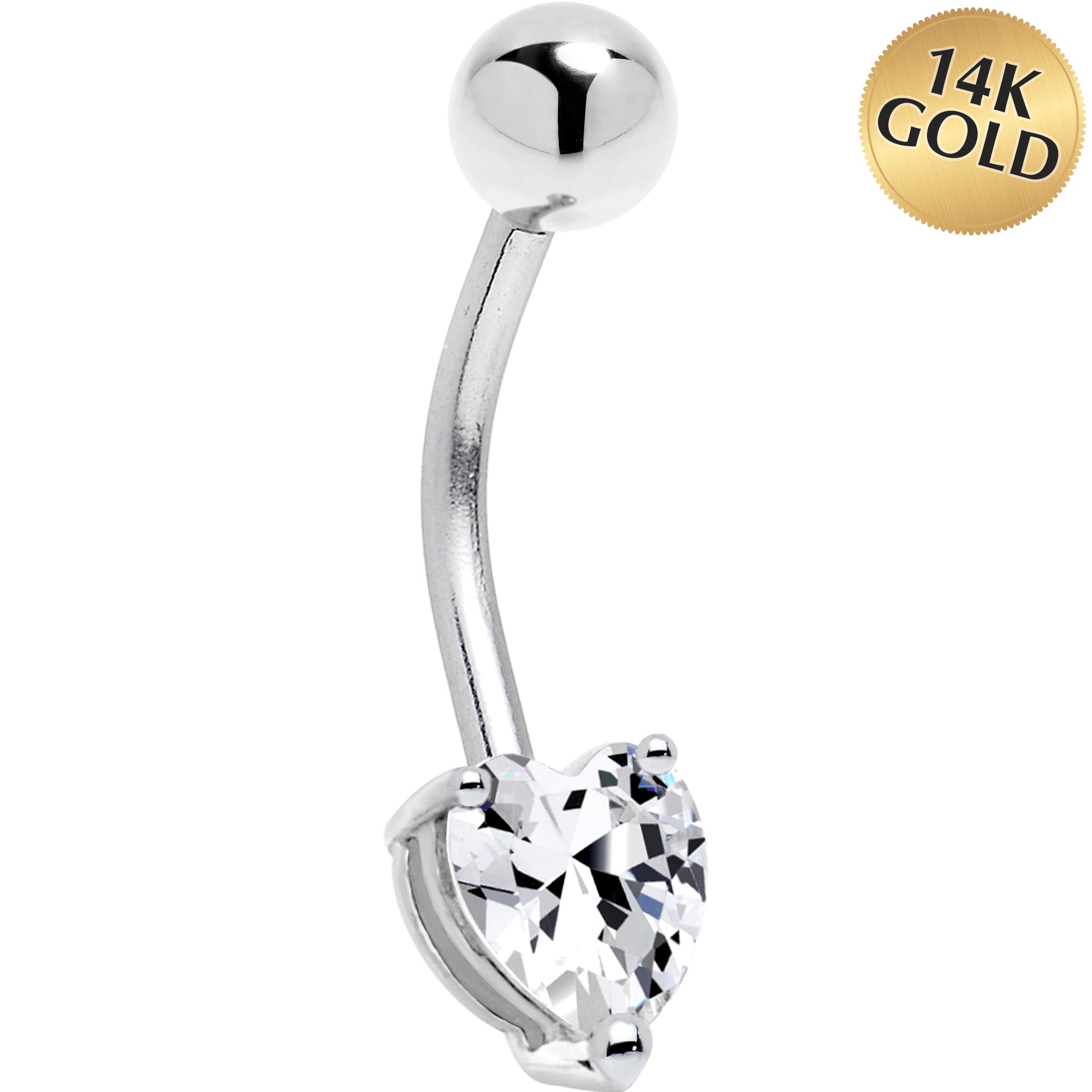 16G Solid 14K White Gold Cubic Zirconia Heart Solitaire Belly Ring