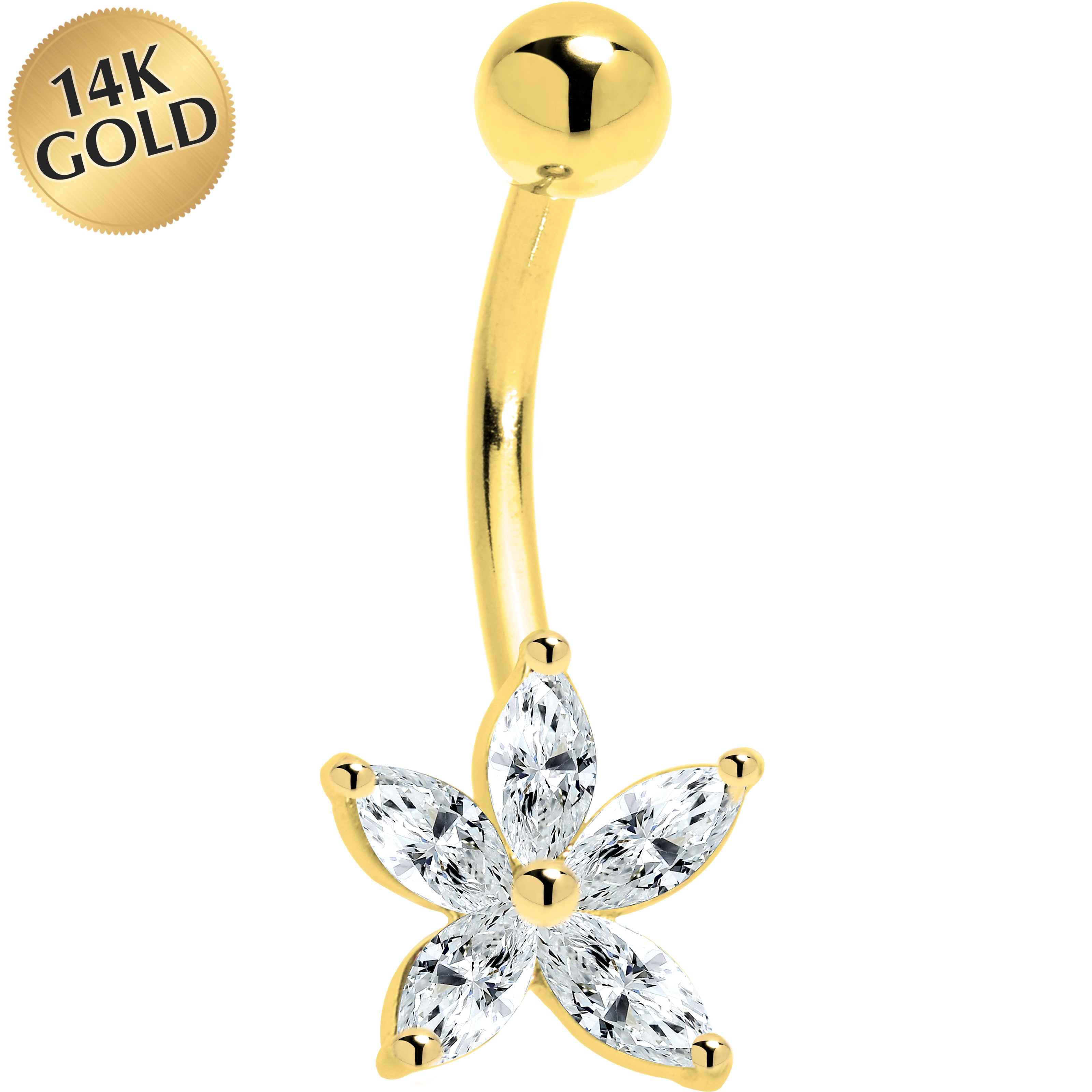 16G Solid 14K Yellow Gold CZ Lily Flower Belly Ring