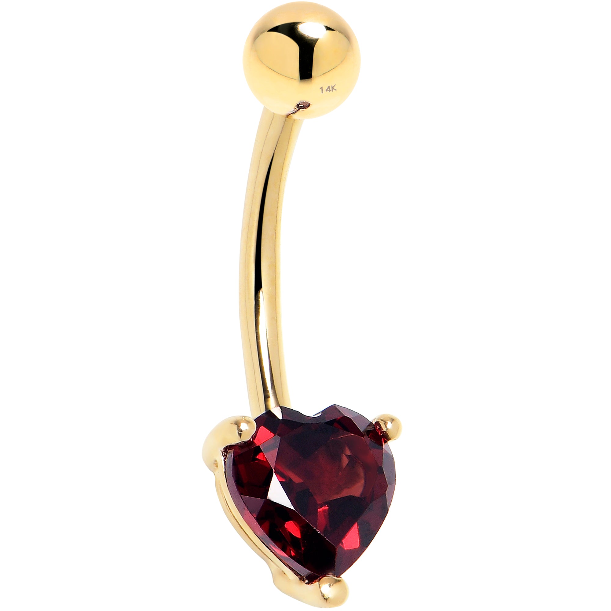 16G Solid 14K Yellow Gold Genuine Garnet Heart Solitaire Belly Ring