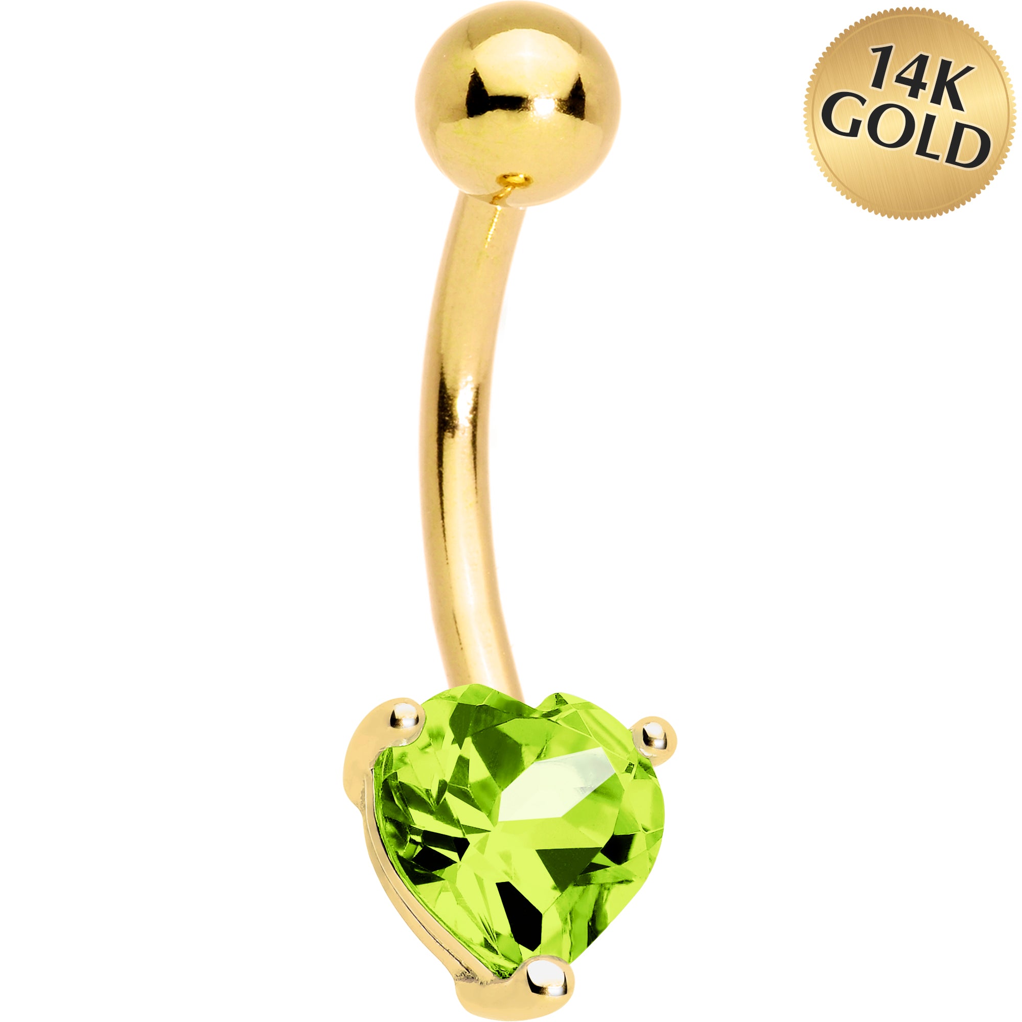 16G Solid 14K Yellow Gold Genuine Peridot Heart Solitaire Belly Ring
