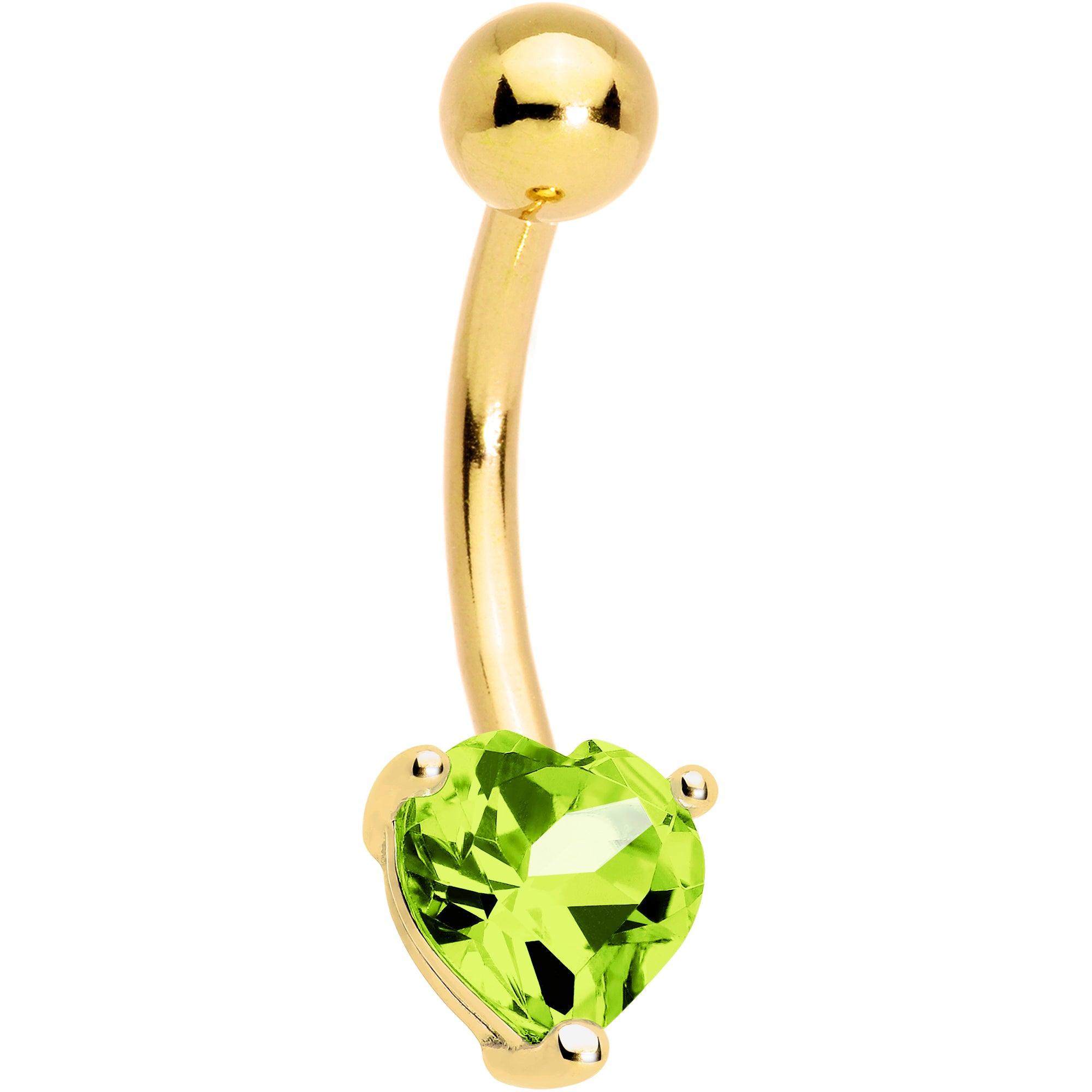 16G Solid 14K Yellow Gold Genuine Peridot Heart Solitaire Belly Ring