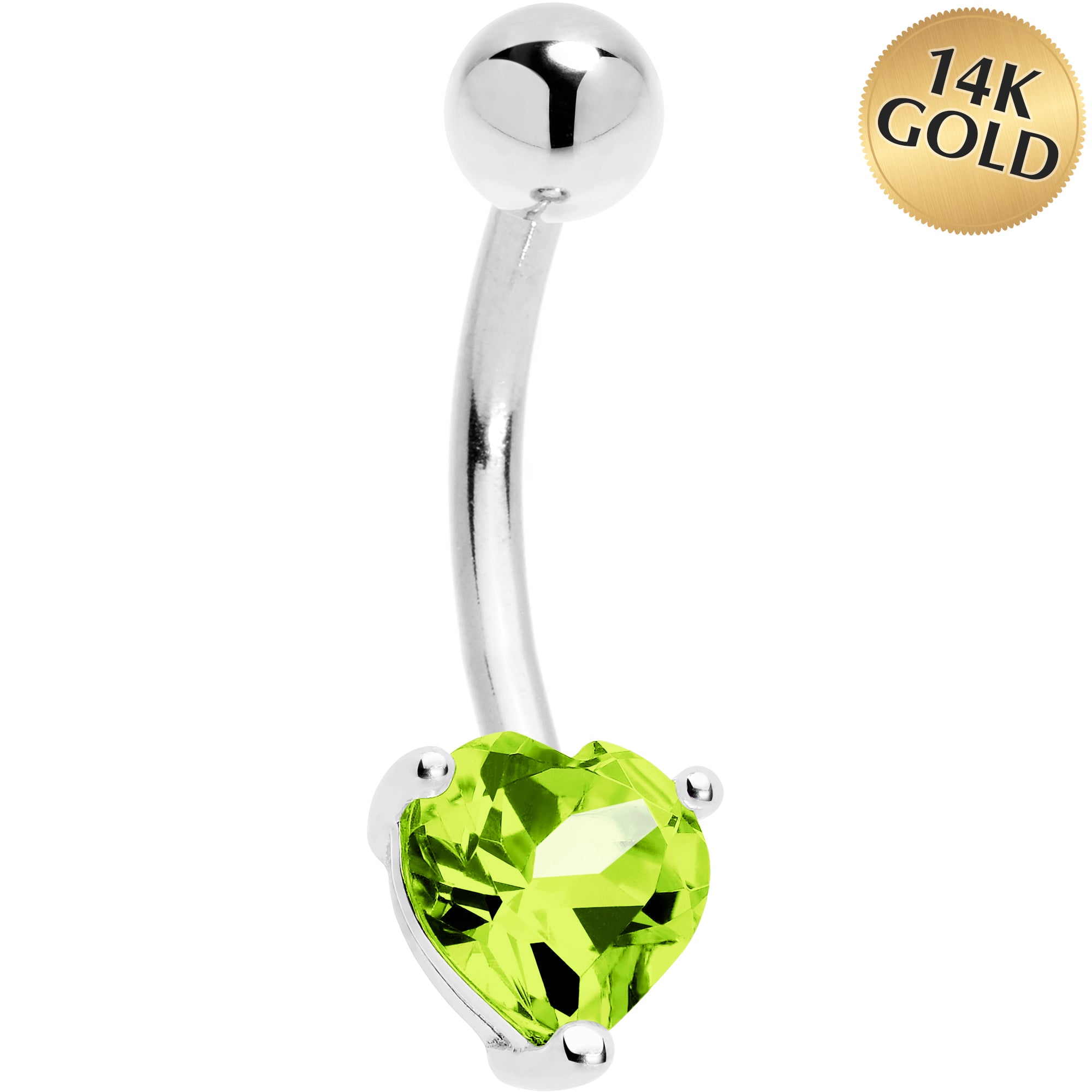 Solid 14K White Gold Genuine Peridot Heart Solitaire Belly Ring