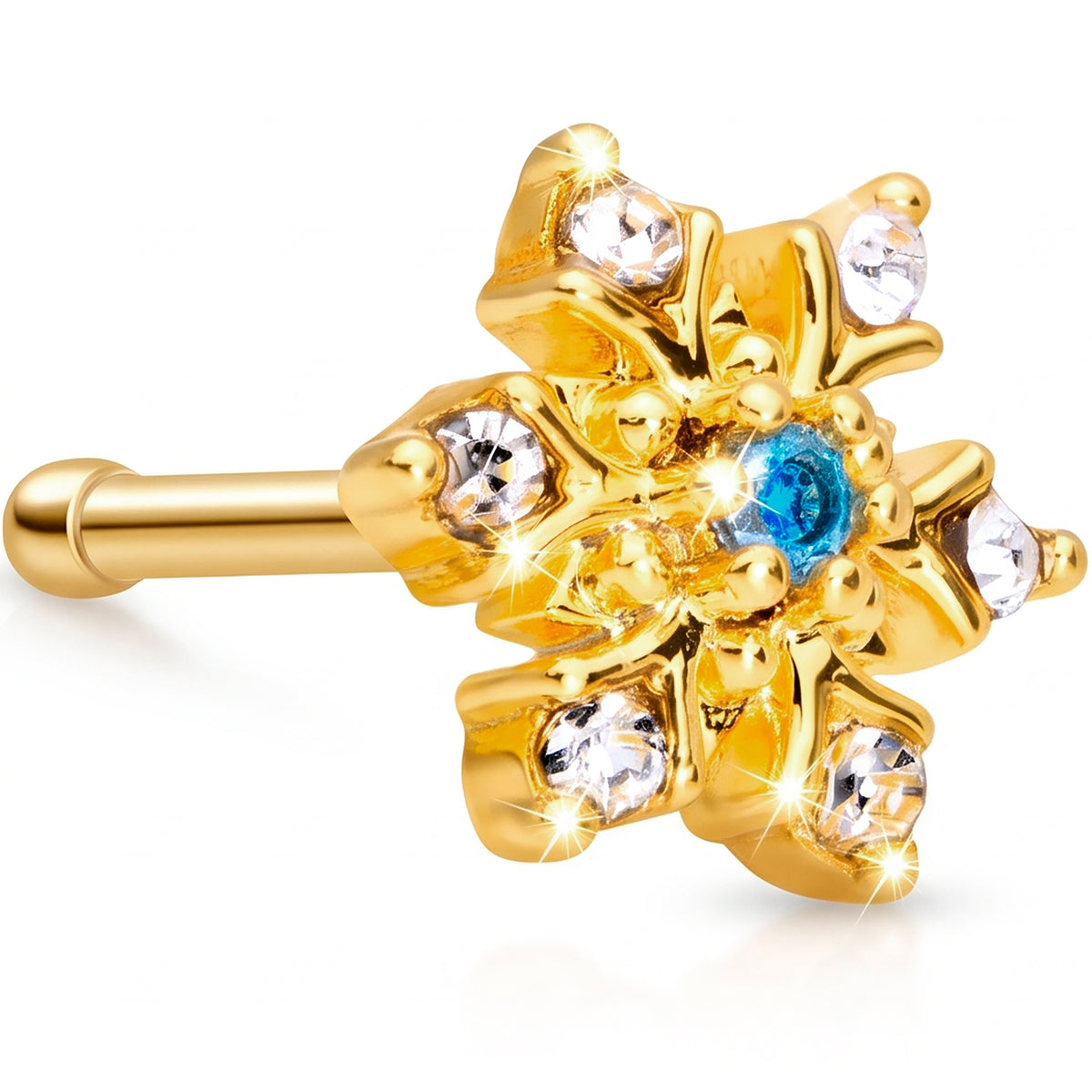 20G 1/4 Blue CZ Gold Tone Snowflake Christmas Nose Bone