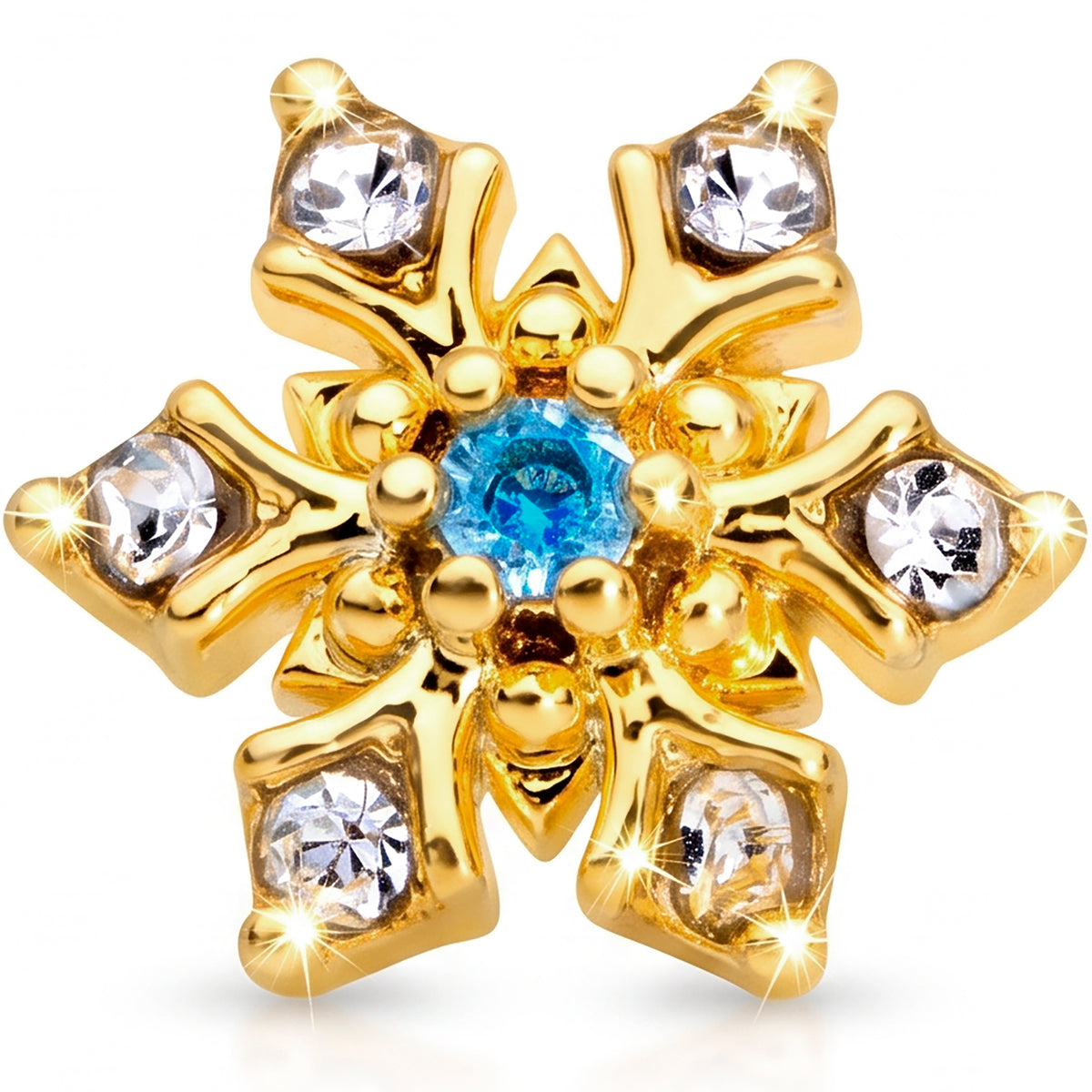 20G 1/4 Blue CZ Gold Tone Snowflake Christmas Nose Bone