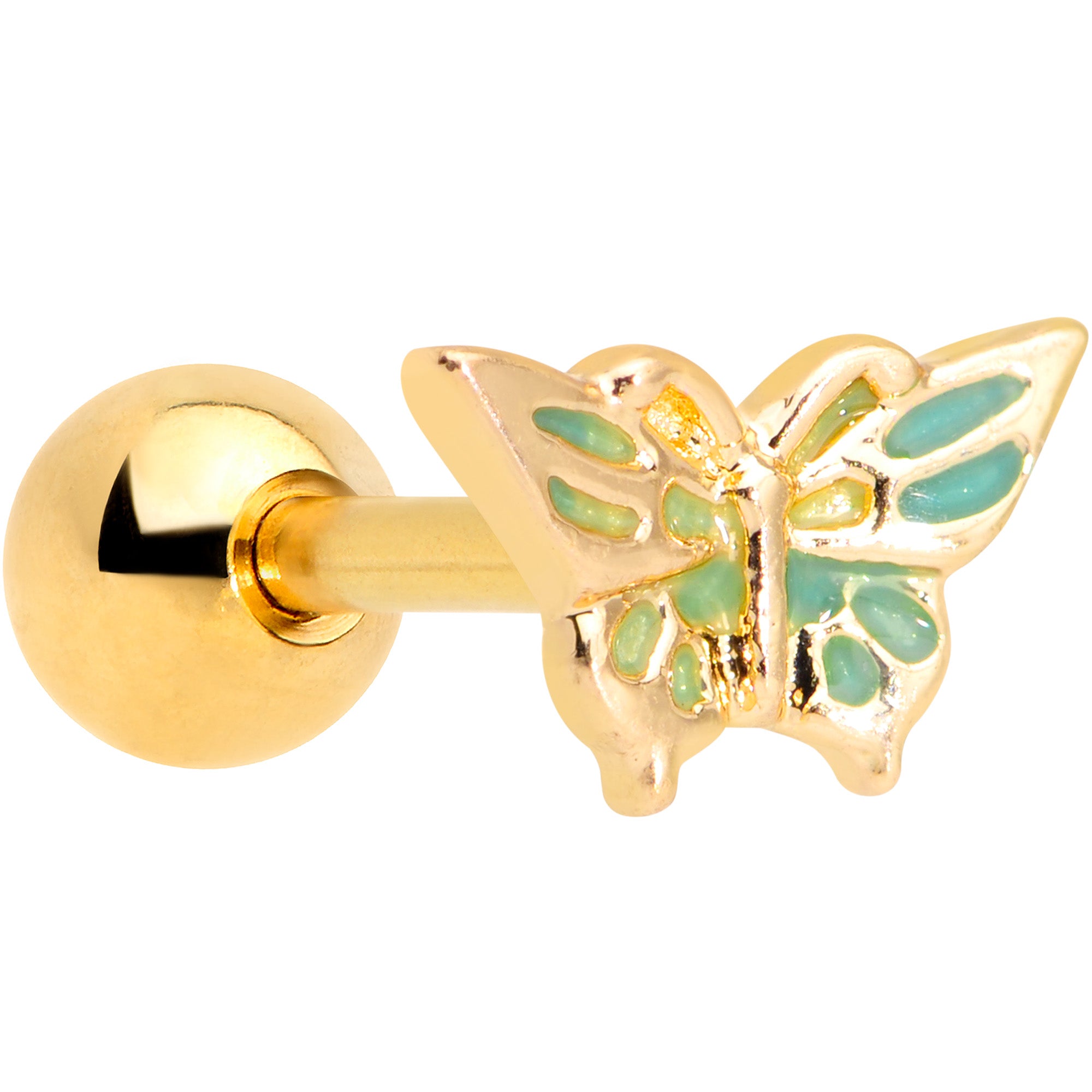 16 Gauge 1/4 Gold Tone Green Inlay Butterfly Cartilage Tragus Earring