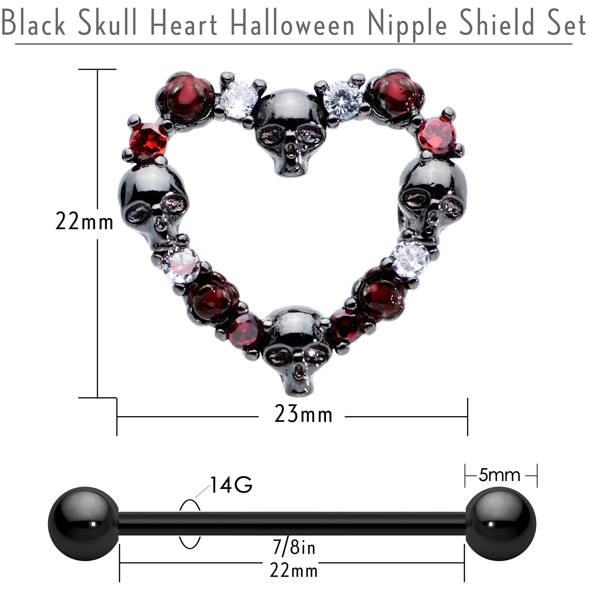 14G 7/8 Red CZ Gem Black Skull Heart Halloween Nipple Shield Set