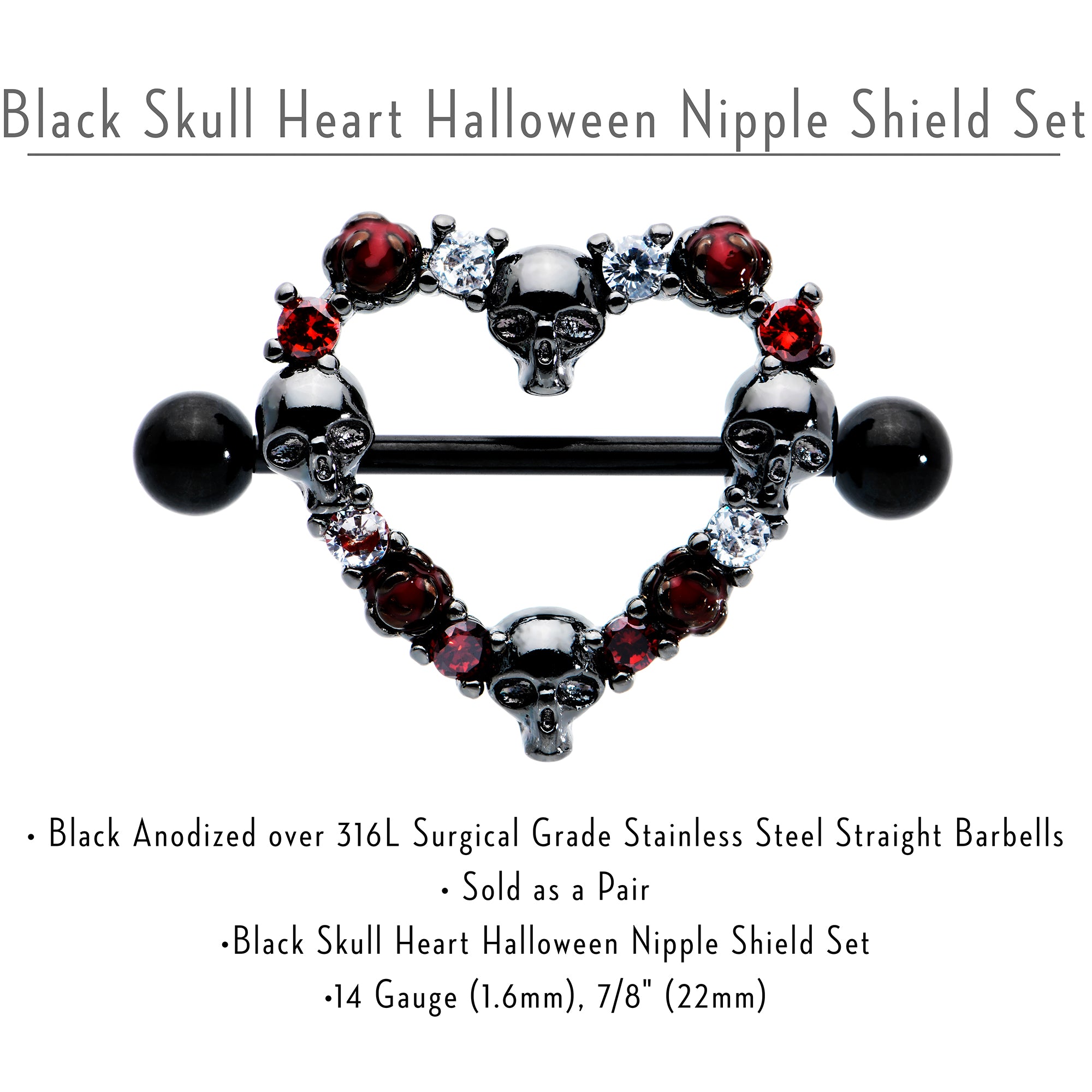 14G 7/8 Red CZ Gem Black Skull Heart Halloween Nipple Shield Set