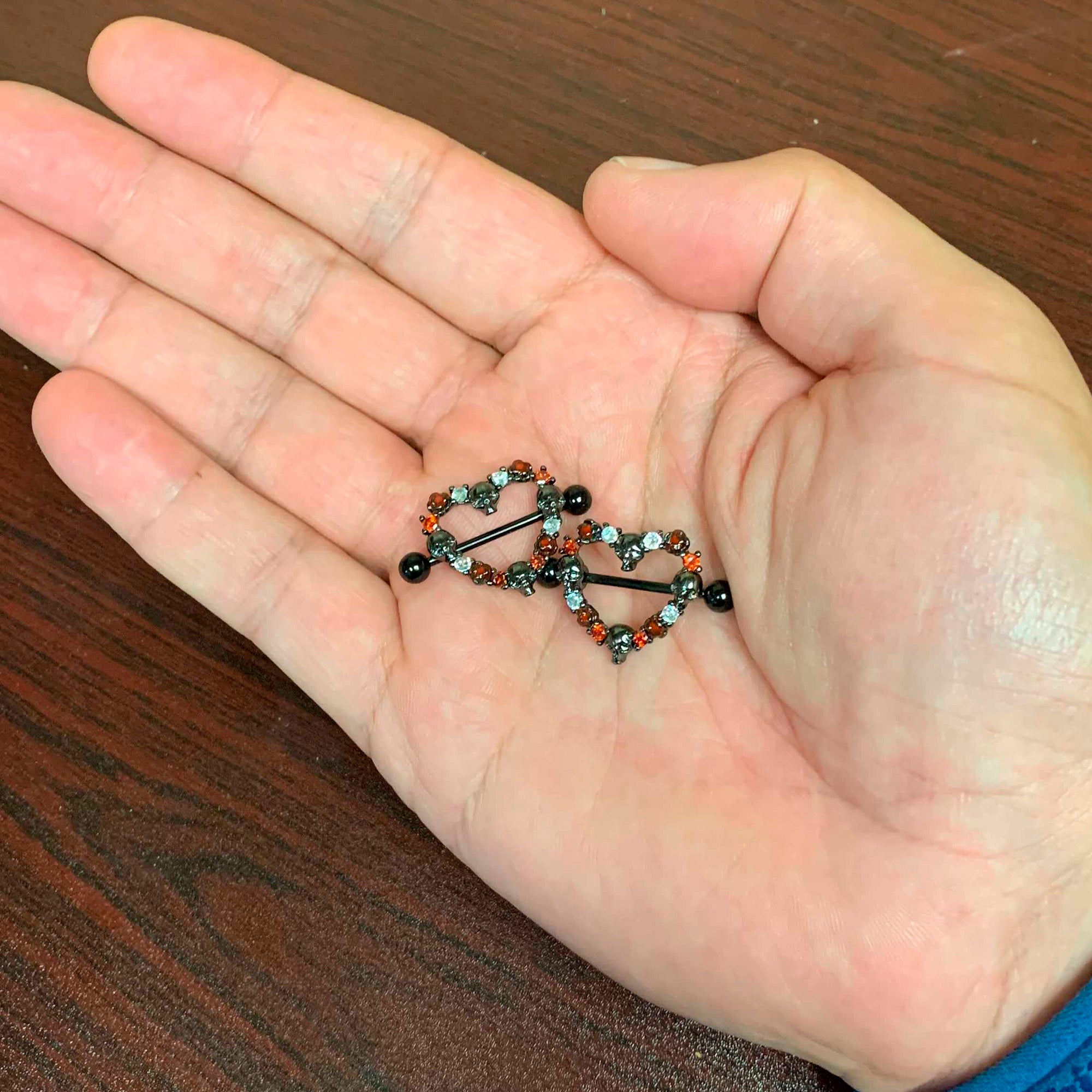 14G 7/8 Red CZ Gem Black Skull Heart Halloween Nipple Shield Set