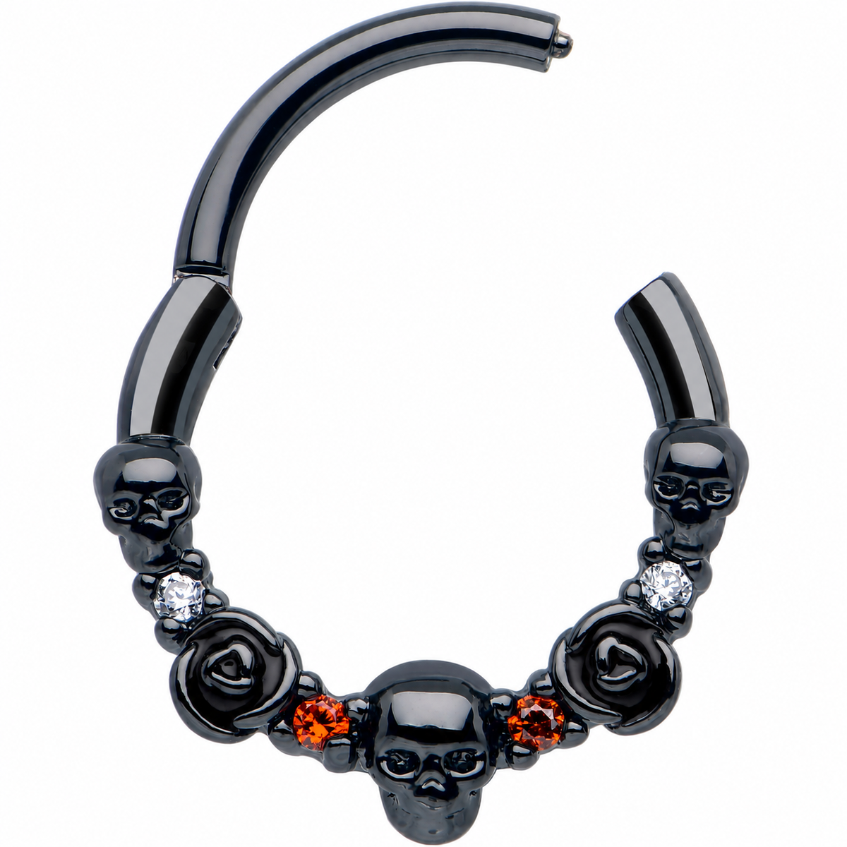 16G 3/8 Red Clear CZ Gem Black Skull Halloween Hinged Segment Ring